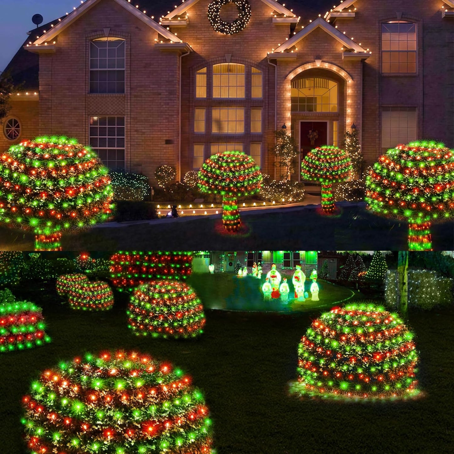 WBao Christmas Lights, 200LED 9.8ft x 6.6ft Christmas Bush Lights, 8 Modes, Timer, End to End Connectable, Waterproof Design for Lawn, Bush, Tree Outdoor Xmas Decorations, Red Green (Clear Wire)