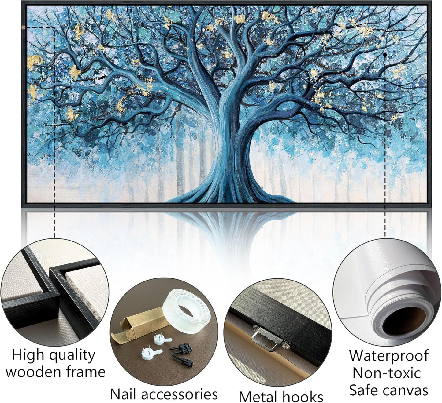 Navy Blue Canvas Wall Art - Blue and Gold Nature Wall Decor, Tree of Life for Bedroom Wall Art, Large Pictures for Living Room, Office, or Bedroom, Framed Landscape Artwork 20×40IN