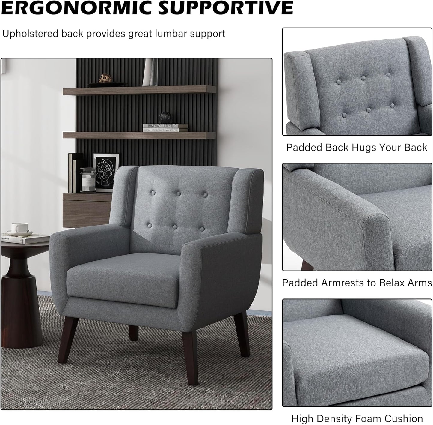 UIXE Accent Chair, Modern Upholstered Armchair in Fabric for Living Room, Comfy Club Arm Chairs Single Sofa Button Tufted Bedroom Reading Seat - Gray, Set of 4