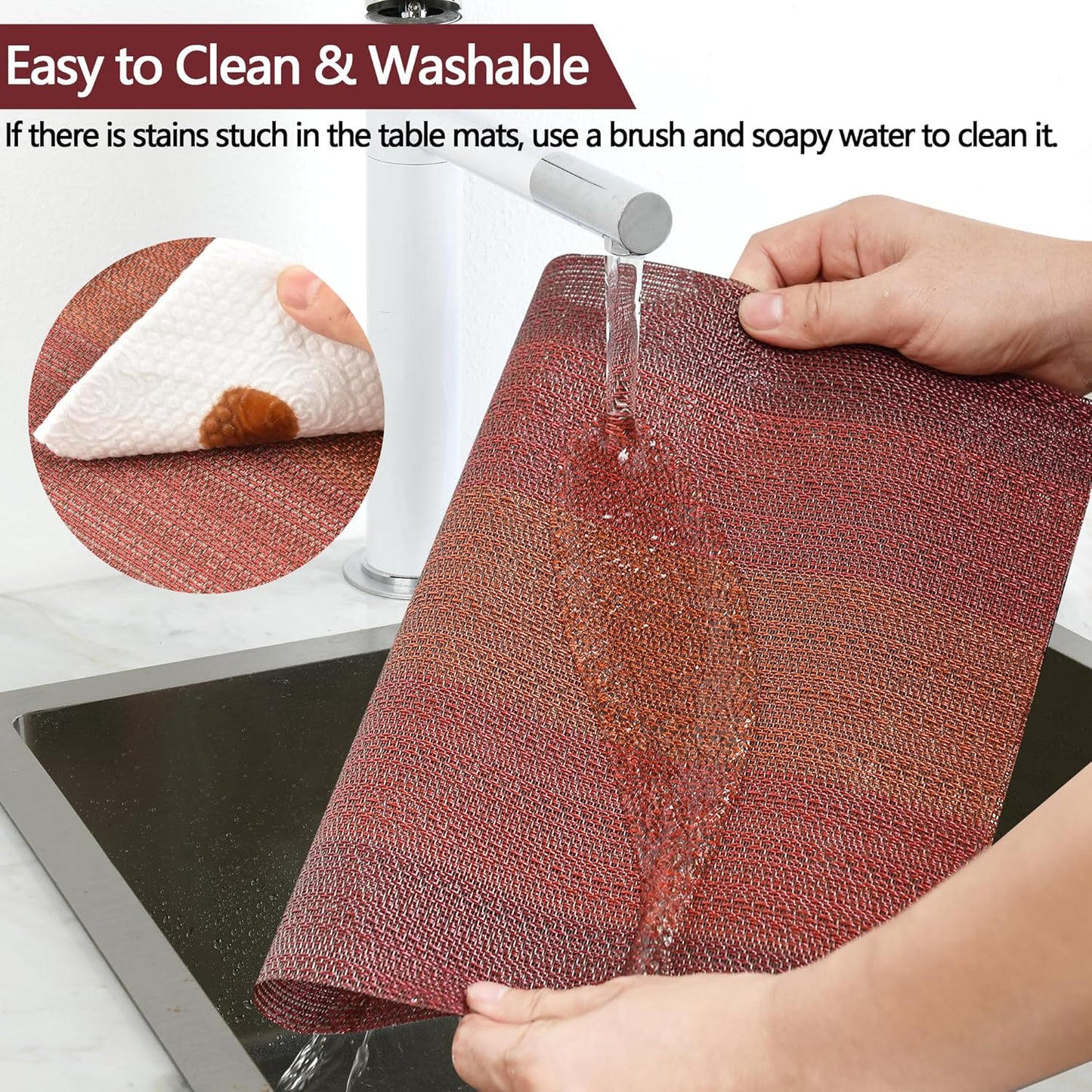 Placemats Set of 6 - Easy Clean Washable Vinyl Placemats - Wipeable Heat Resistant Table Mats for Dining Table - 17.7x11.8 Inch (6, Red Gradient)