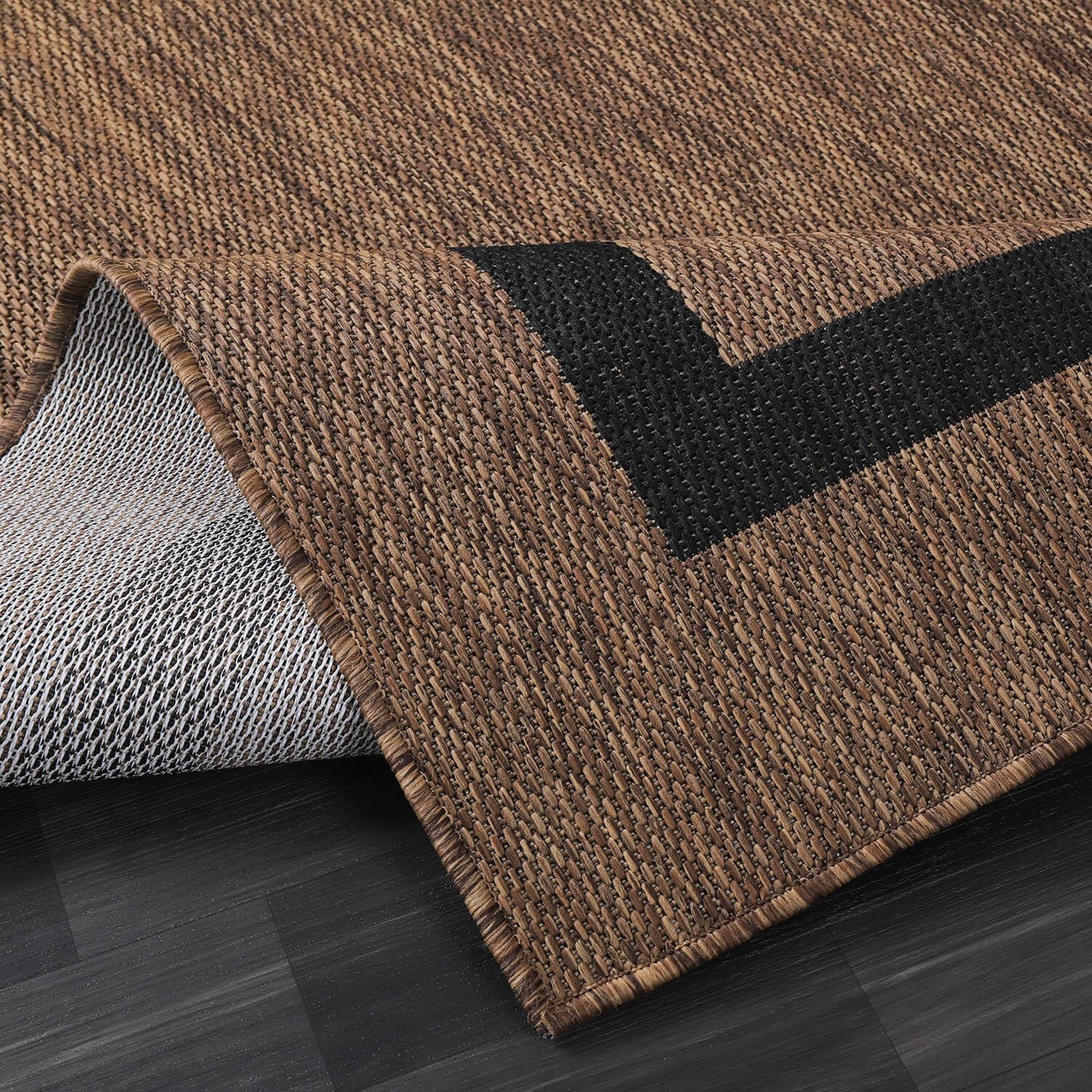 Bordered Outdoor Rug 10x14 Washable Outside Carpet for Indoor Patio Porch Waterproof Easy Cleaning Non Shedding Area Rugs Nut Brown - Black 10 x 14