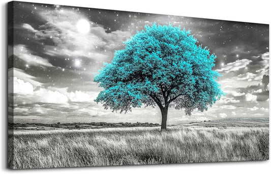 KELIYUAN Blue Tree Wall Artist Decorated Painting Full Of Stars Black And White Oil Painting Modern Print Canvas Aesthetics Living Room Decoration Bedroom Bathroom Office Wall Decoration 24 X 48 In