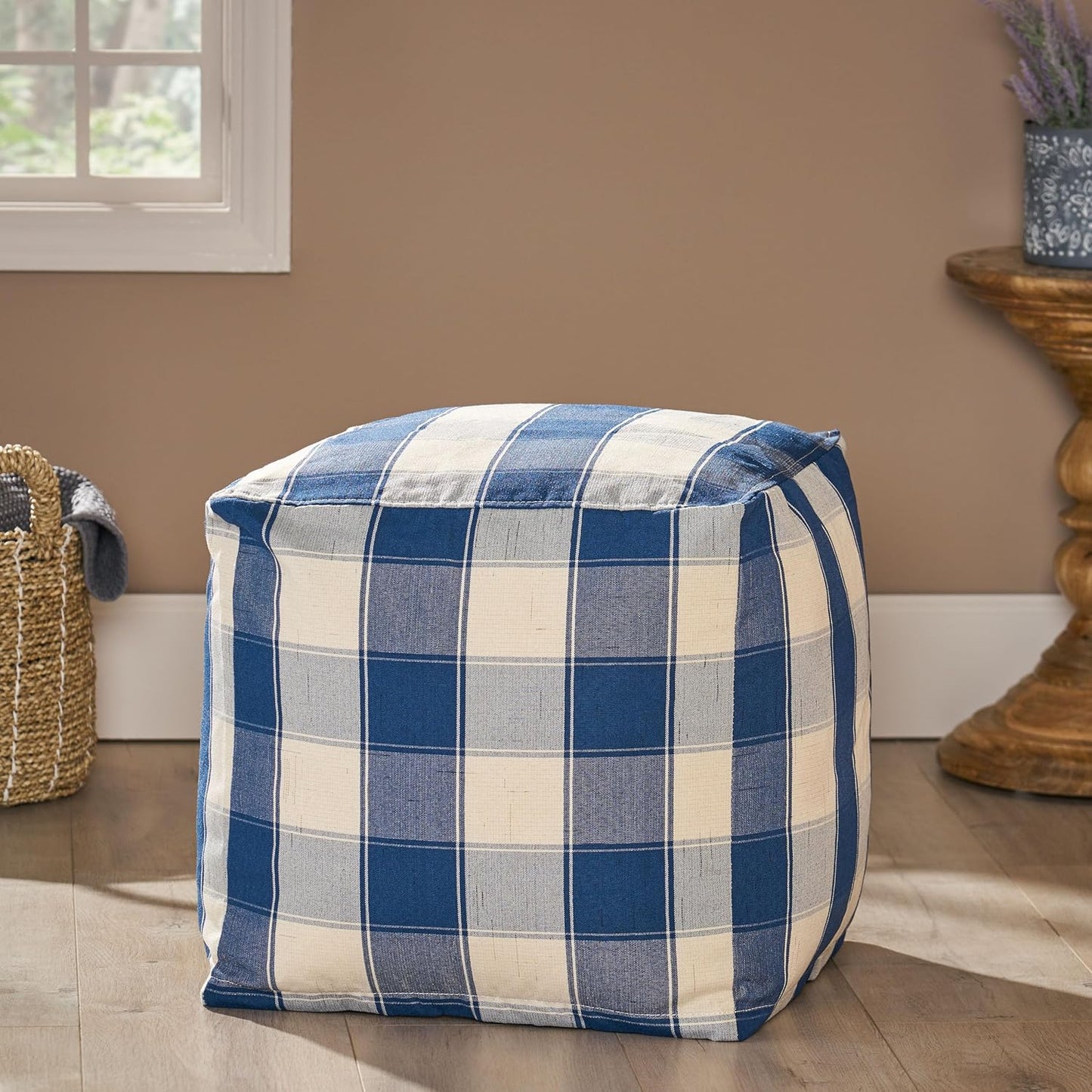 GDFStudio Modern Fabric Checkered Cube Pouf Ottoman Foot Stool - Bean Bag Floor Chair - Foot Rest Couch for Living Room Bedroom,Ivory and Navy Blue,16"" x 16"" x 16"", 313655N