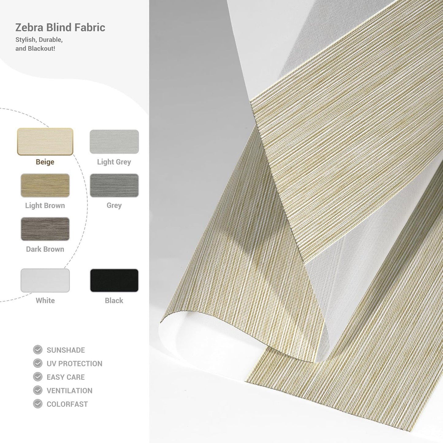 Cordless Zebra Blinds for Windows, Blackout Interior Blinds,Easy to Install,UV Protection,for Offices and Home,Custom Roller Shades, Mousse Beige,73" W x 36" H