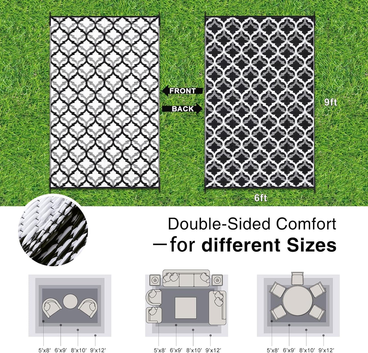 OLANLY Reversible Outdoor Rug 6x9 ft Clearance, Waterproof Outdoor Plastic Straw Rug with Interlacing Pattern, RV Mat for Patio, Camping, Balcony, Deck, Backyard, Black & White