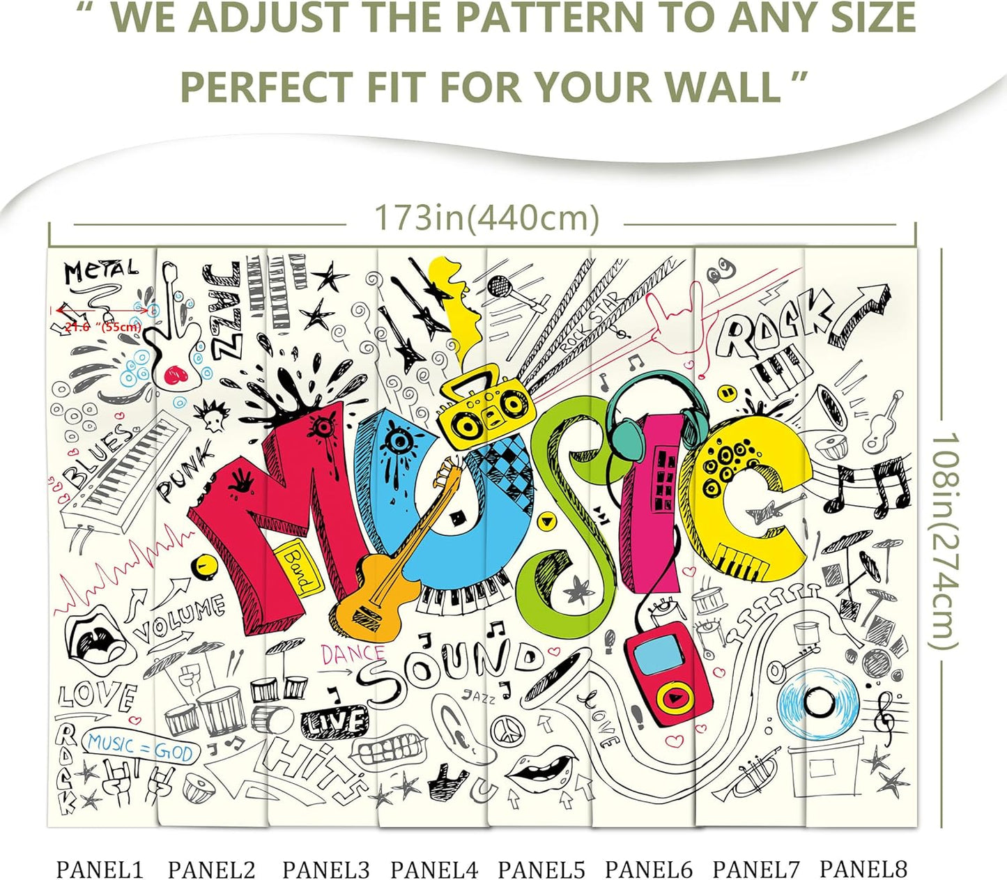 Music Graffiti Wallpaper Fan Guitar Drums Large Background Wall Decor for Music Room Bar(Not Peel and Stick)