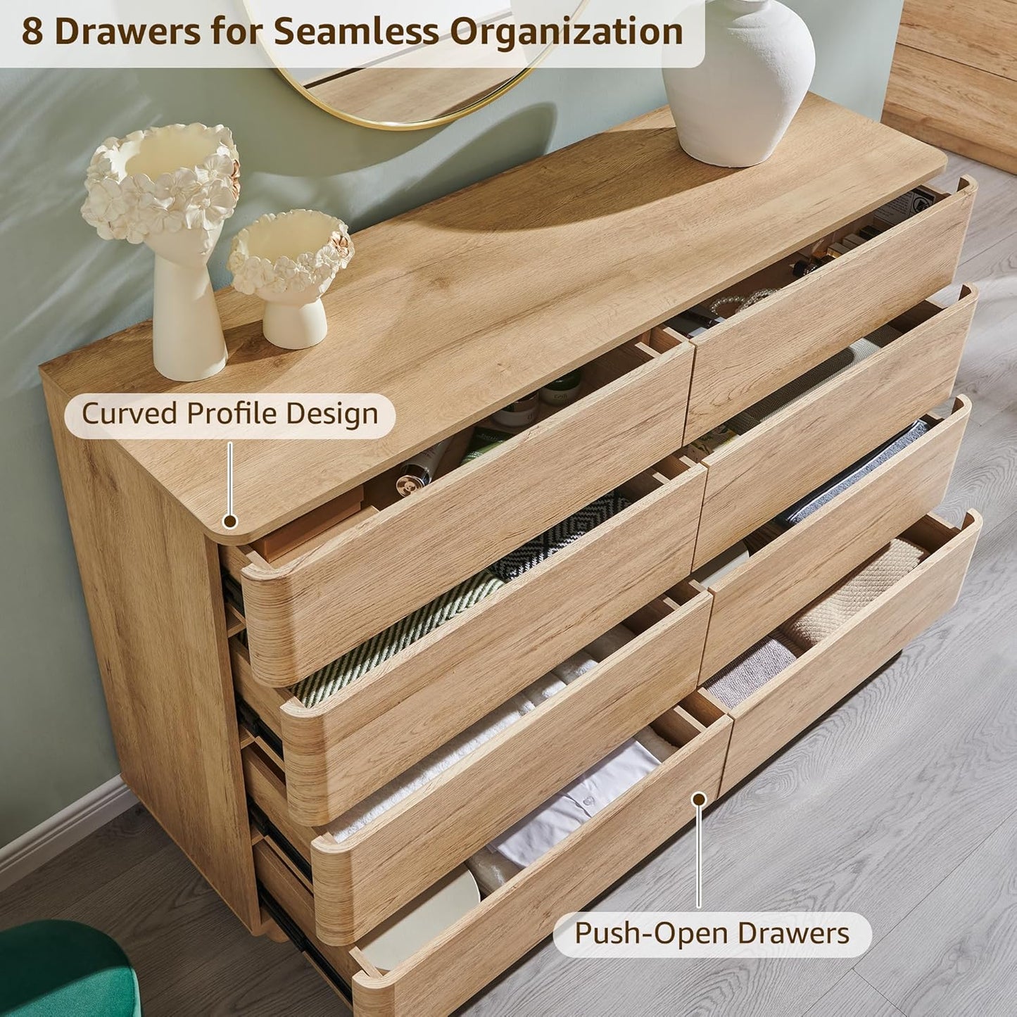 8 Drawer Dresser for Bedroom, 52 Inch Wide Modern Chest of Drawers, Push-to-Open Wood Storgae Organizer with Large Drawers for Bedroom, Living Room, Hallway,Natural Oak
