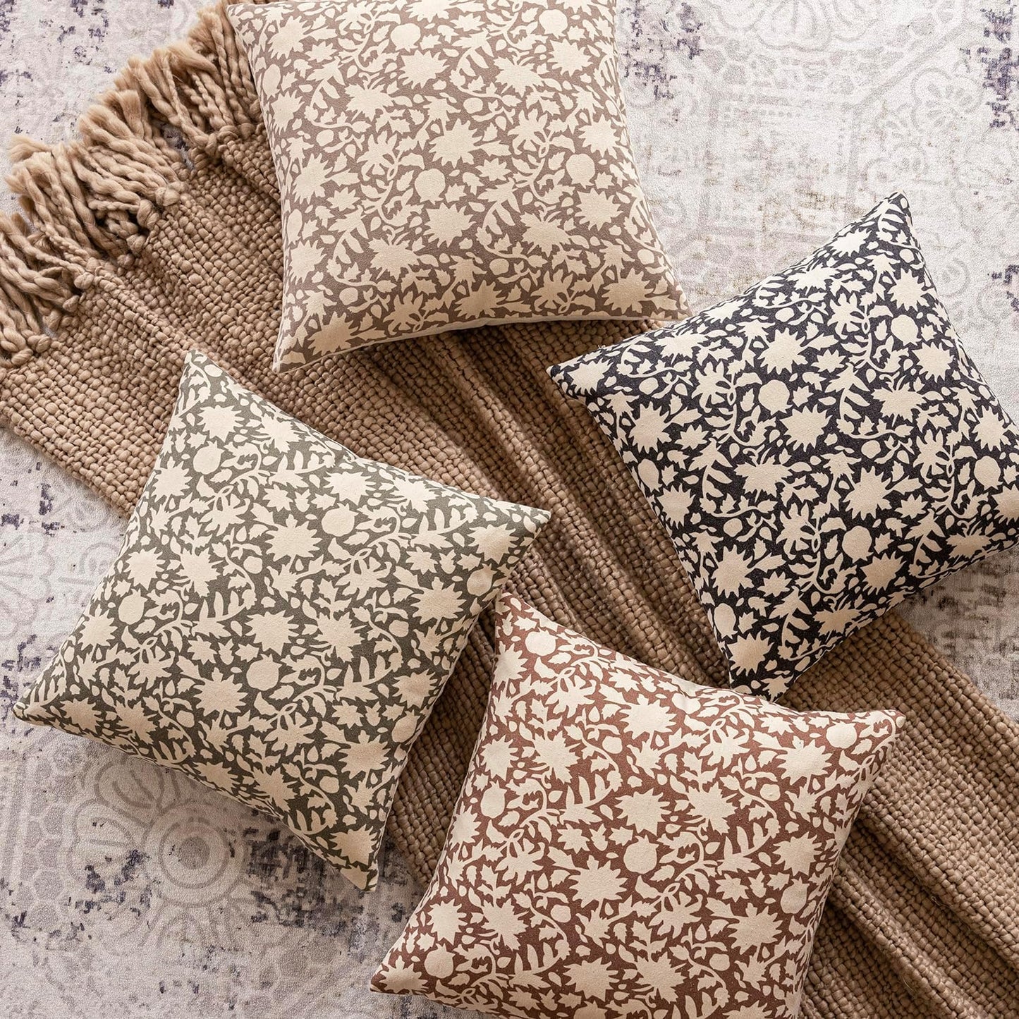 Foindtower Set of 2 Decorative Neutral Floral Throw Pillow Covers Accent Farmhouse Cushion Covers Boho Vintage Pillowcase for Couch Sofa Bedroom Living Room Home Decor Outdoor,22×22 Inch,Tan