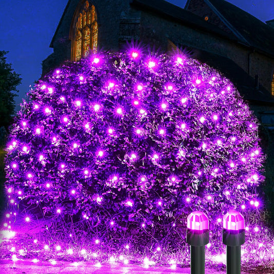 WBao Halloween Lights Outdoor 200LED F8 Big Bulbs, 8.4ft x 5.2ft Halloween Net Lights with 8 Modes, Timer, Connectable, Waterproof & Dark Green Wire for Lawn, Bushes, Trees Outdoor Decorations, Purple