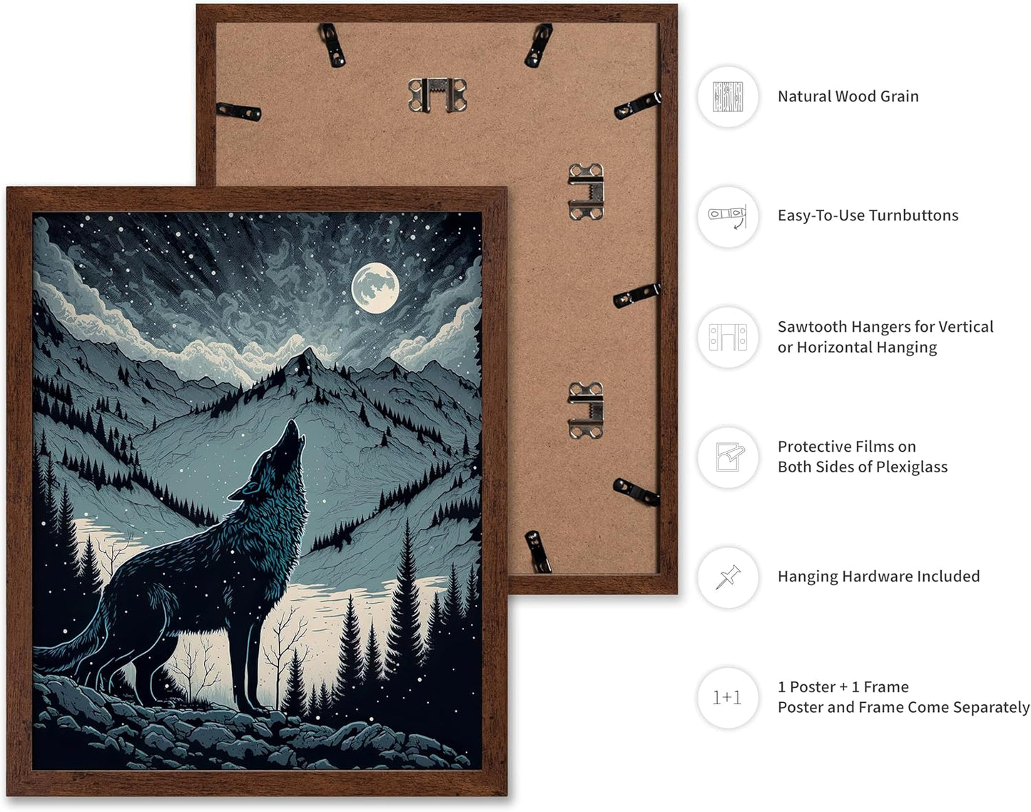 Poster Master Vintage Illustration Poster - Retro Animal Print - Gift for Artist, Friend - Wolf Howling at the Moon, Mountain, Snow, Landscape - Wall Decor for Home, Office, 11x14 Brown Framed