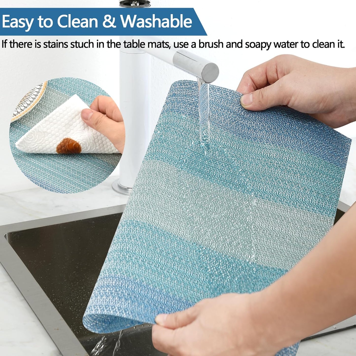 Placemats Set of 6 - Easy Clean Washable Vinyl Placemats - Wipeable Heat Resistant Table Mats for Dining Table - 17.7x11.8 Inch (6, Blue Gradient)
