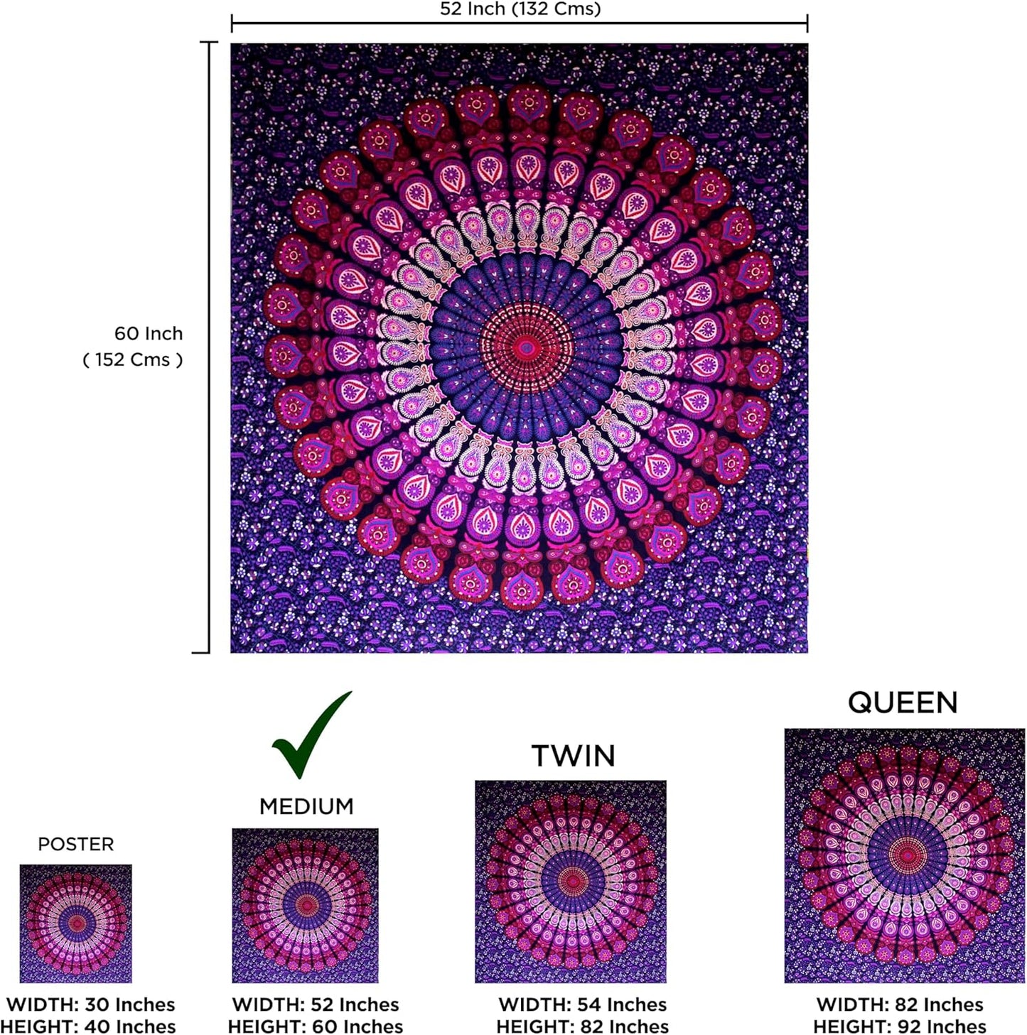 raajsee purple Tapestry- Best Mandala Wall Hanging- Mandala Tapestry For Bedroom Aesthetic-Size Medium (52x60 Inches / 132x152 Cms)