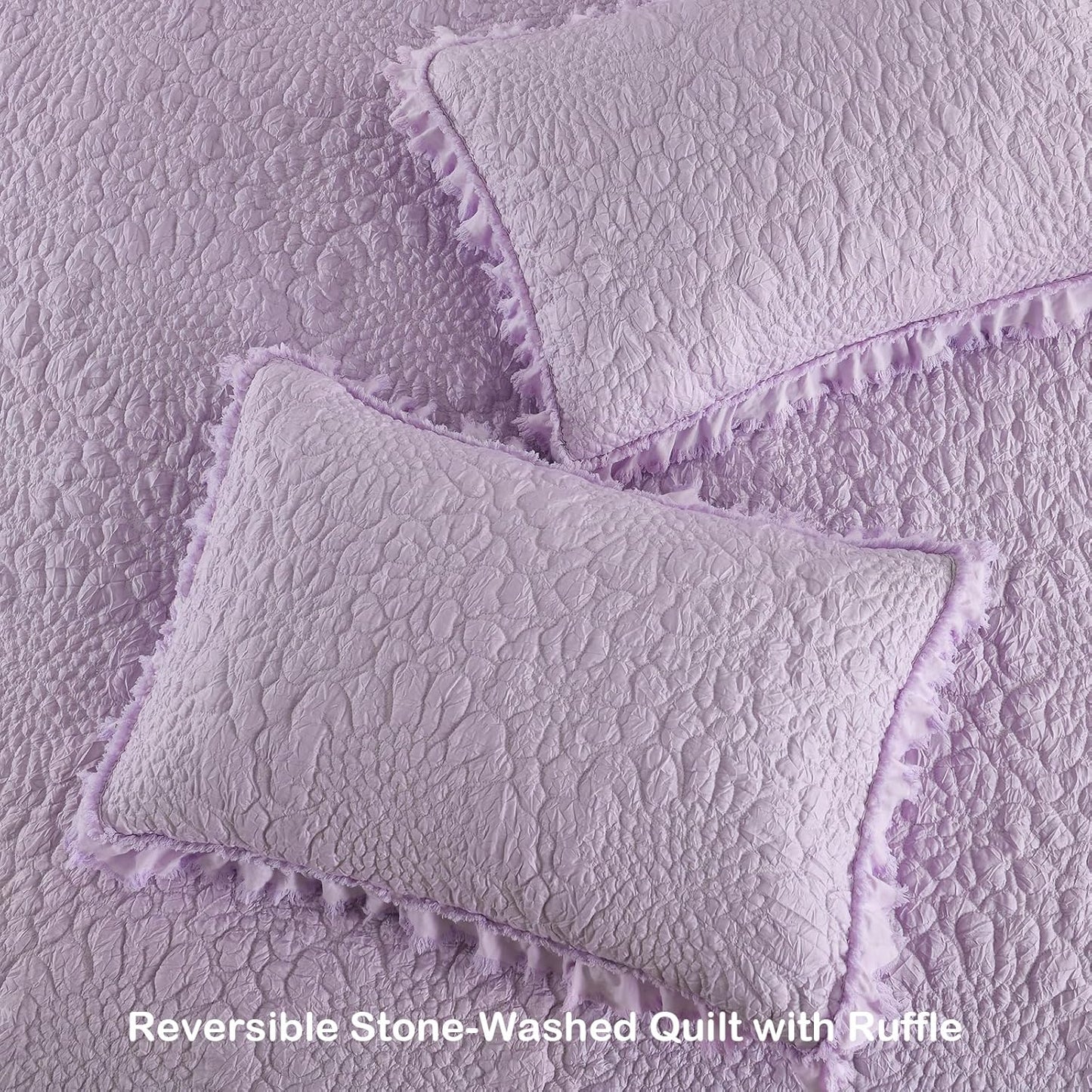 HORIMOTE HOME Lavender Ruffled Quilt Twin Size, Stone-Washed Microfiber Lightweight Crinkled Farmhouse Rustic Shabby Chic Bedding Set, 2 Pieces Reversible Bedspread with Pillow Sham for All Season