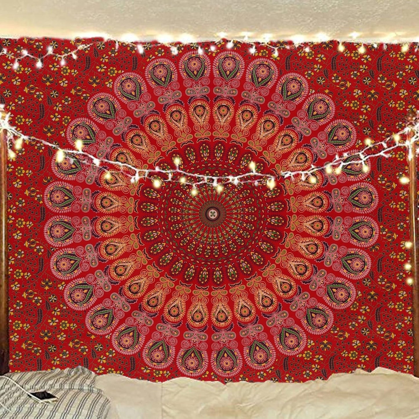 Bless International Handmade Indian hippie Bohemian Psychedelic Peacock Mandala Wall hanging College Dorm Beach Throws Table Cloth Bedding Tapestry (Golden Red, Medium(54x60Inches)(137x152cms))
