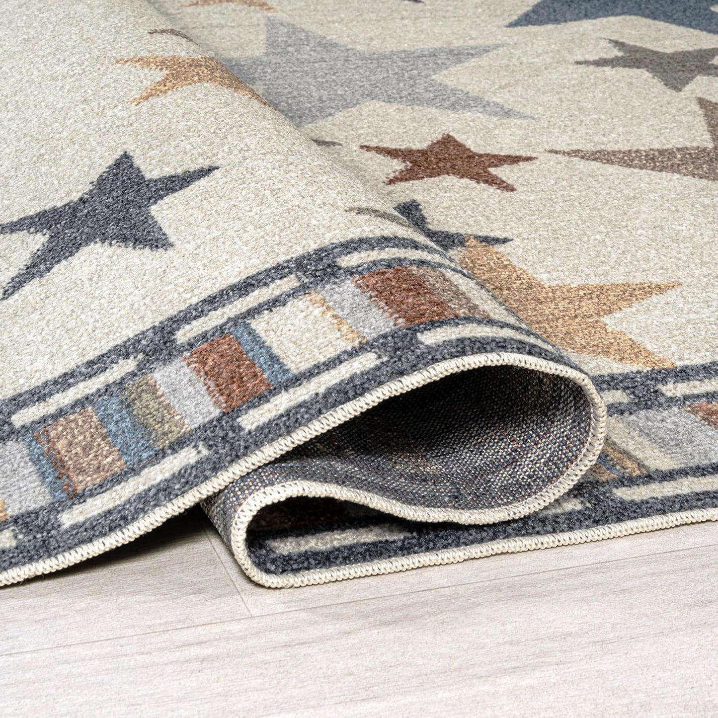 JONATHAN Y Machine-Washable Ivory/Blue/Orange Indoor Area Rug, 4x6, Star Gazer Geometric, Border, Kids & Novelty, Classic, Bedroom, Kitchen, Living Room, Easy-Cleaning, Non-Shedding (KDW100A-4)