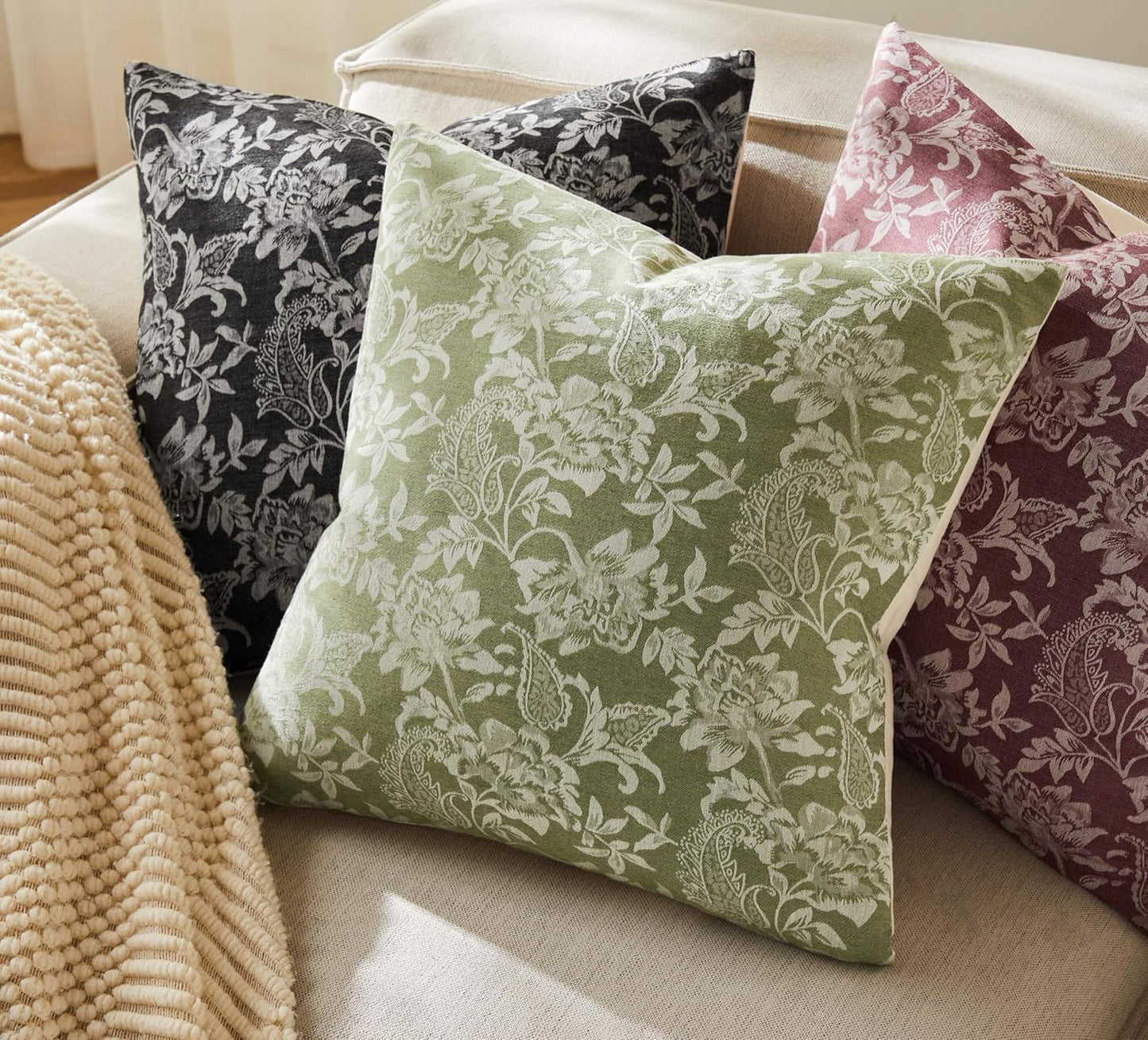 Floral Jacquard Throw Pillow Covers Set of 2, Background/Green 24x24 Inch, Farmhouse Decorative Cotton Sage Green Cushion Covers for Sofa Bed Living Room Home Decor