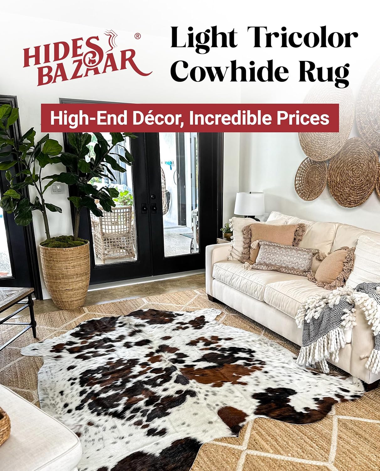 Light Tricolor Cowhide Rug Premium Cowhides Leather with Mixed White, Brown & Black Color Pattern - Natural Cowhide Rug for Office & Home Decor - Cow Hide Rugs 6x6-7 ft