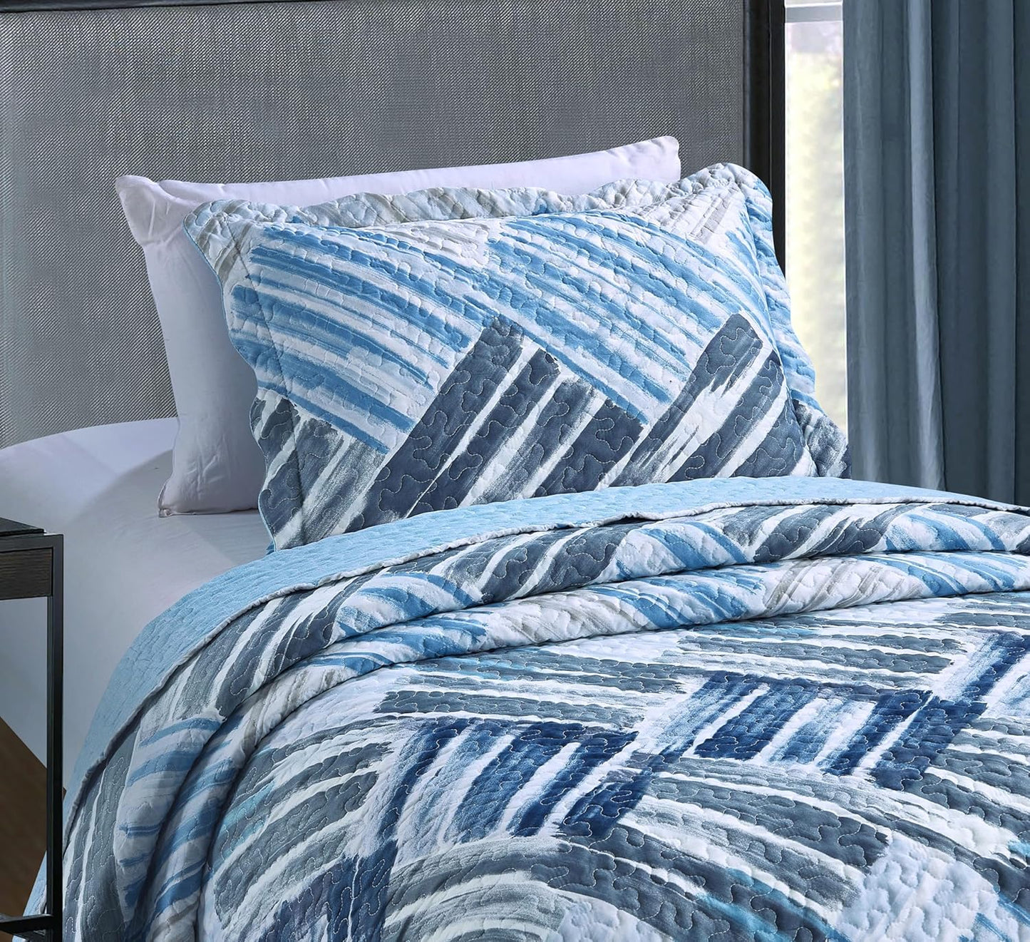 Brilliant Sunshine Blue and Grey Stripe Blocks Patchwork, 2-Piece Quilt Set with 1 Sham, Reversible Bedspread, Soft Lightweight Coverlet, All-Season, Twin, Blue Grey
