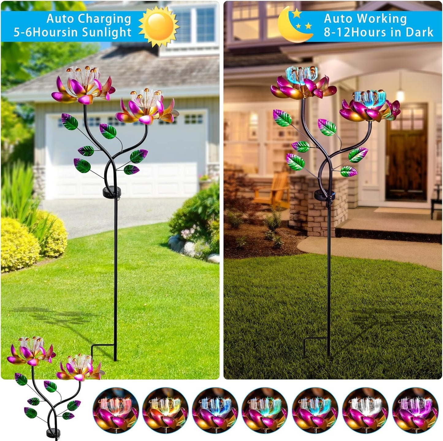 55'' Solar Powered Kinetic Wind Spinner Sculpture Pink Lotus Metal Stake Spinner for Patio, Lawn and Garden Decor Weather-Resistant Outdoor Art with Dual Lotus Design