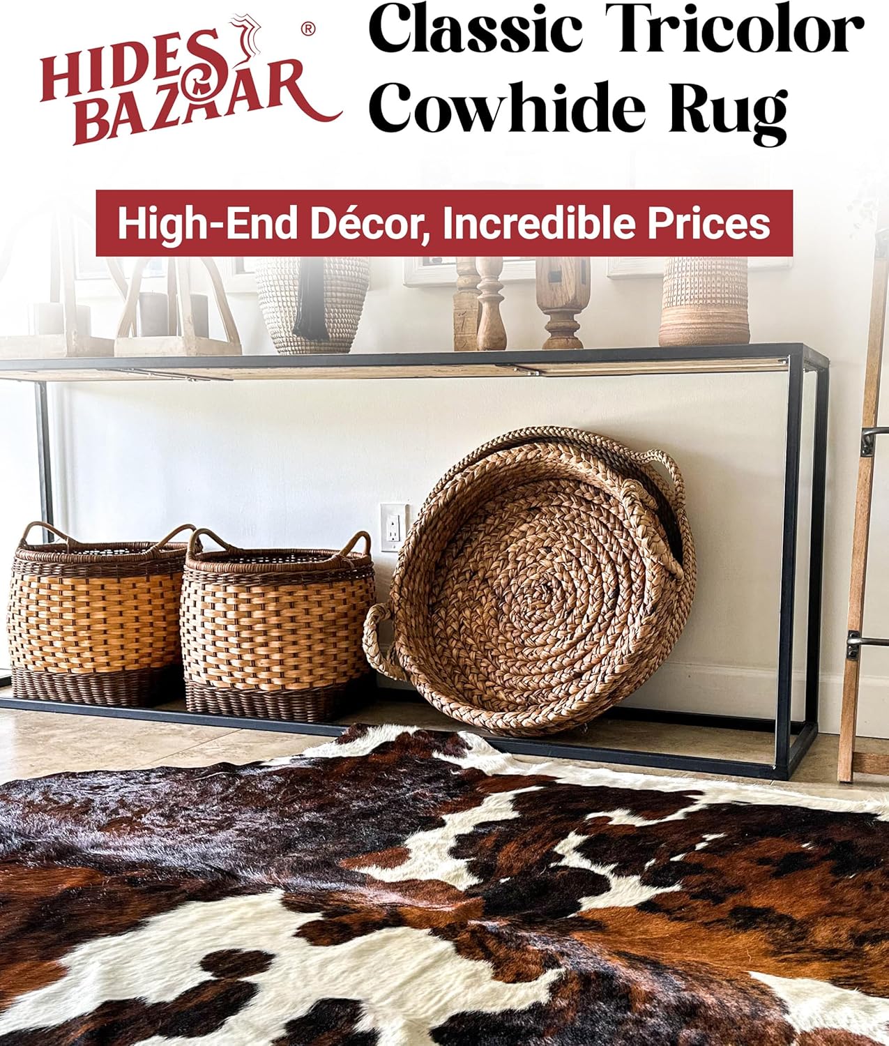 Tricolor Cowhide Rug Classic Brown, Black and White Color Mix, Natural Leather Hide, Area Rug (6x7ft)