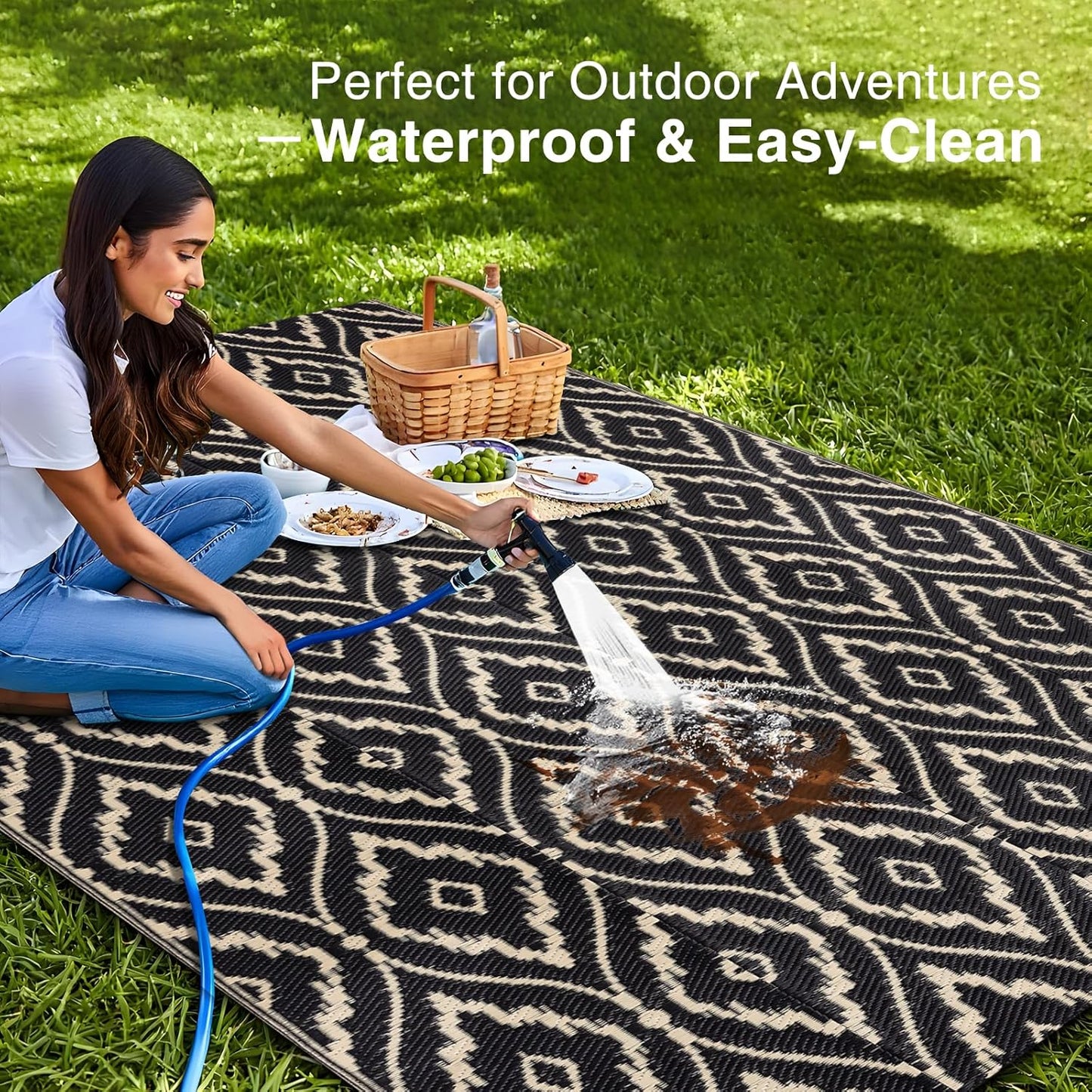 OLANLY Outdoor Rug 5x8 ft Waterproof, Outdoor Plastic Straw Rug with Geometric Pattern Clearance, Reversible RV Mat for Patio, Camping, Balcony, Deck, Backyard, Black & Beige