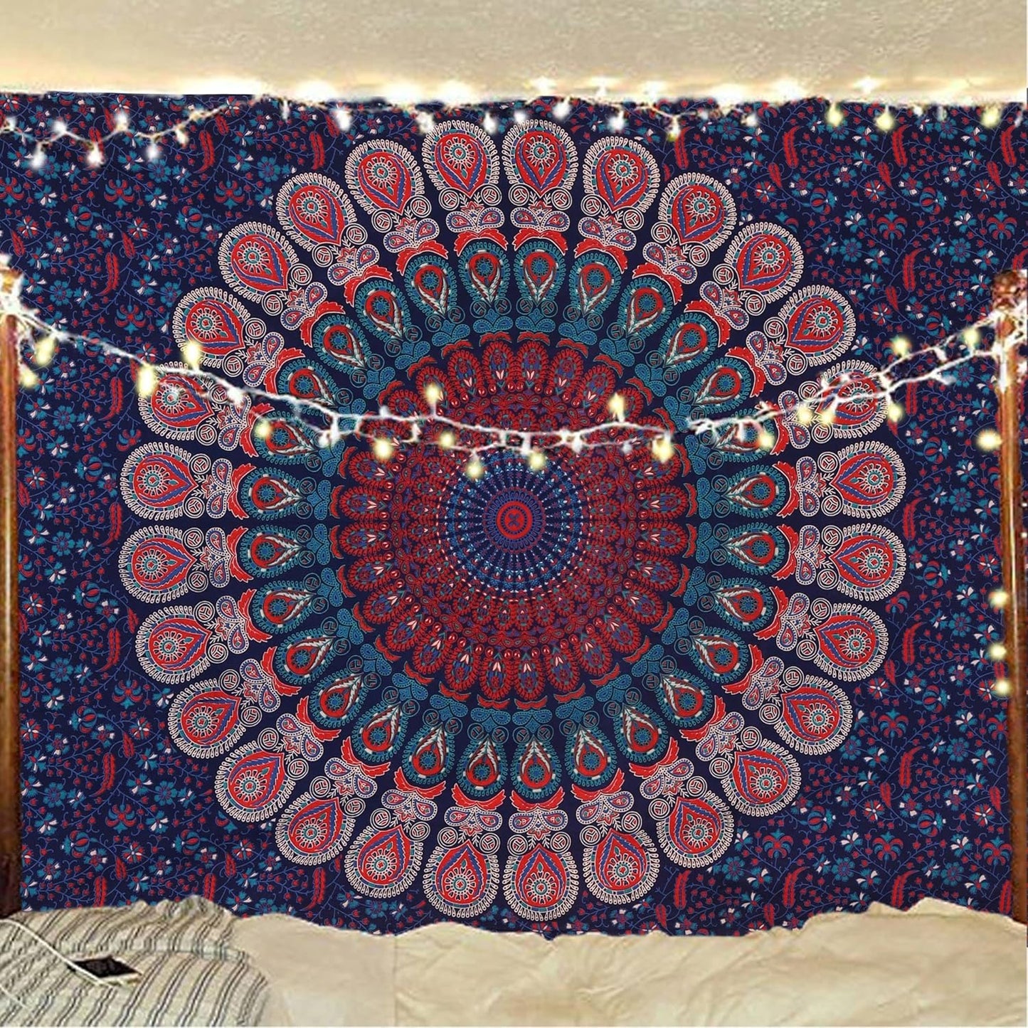 Bless International Handmade Indian hippie Bohemian Psychedelic Peacock Mandala Wall hanging College Dorm Beach Throws Table Cloth Bedding Tapestry (Midnight Blue, Twin(54x72Inches)(140x185cms))