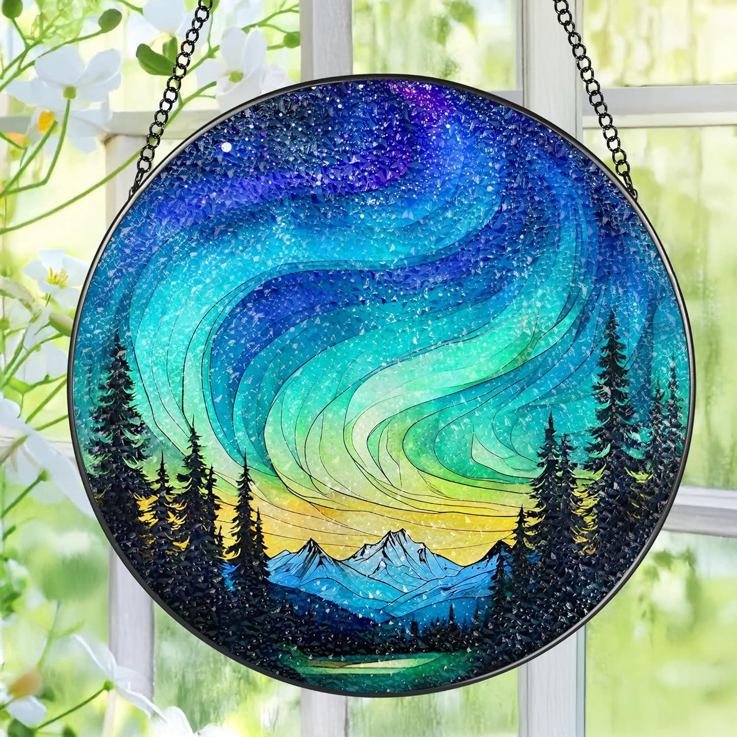 Stained Glass Window Hanging - 8 Inch Northern Lights Suncatcher for Window Doors Home Decoration, Valentine's Day Mother's Day Christmas Birthday Gifts for Women, Men, and Mom Grandma
