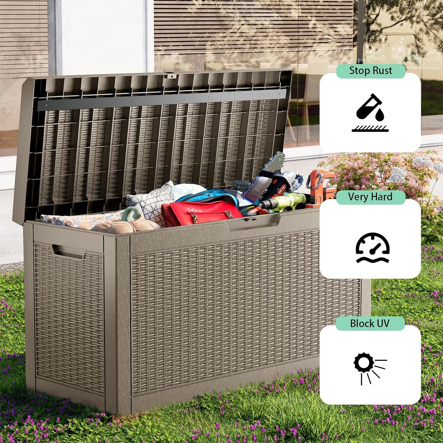 60 Gallon Resin Deck Box, Lockable Outdoor Storage Box for Patio Cushions Storage Furniture,Garden Tools, Pool Supplies, Weatherproof and UV Resistant (Grey Rattan)