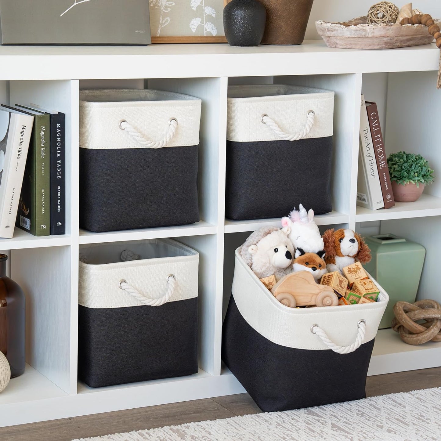 OrganiHaus 11x11 Cube Storage Bins 4 Pack, Foldable Cube Storage Organizer w/ Rope Handles, Collapsible Fabric Bins for Toys, Clothes & Closet Organization, Fabric Square Baskets - Black/White