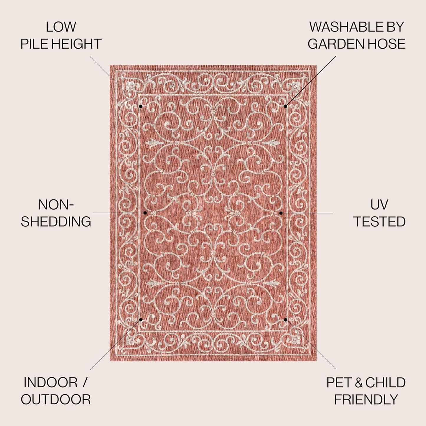 JONATHAN Y Vintage Filigree Indoor Outdoor Square Area Rug 4X4 Red/Beige, Charleston Textured Weave for Backyard, Patio, Porch, Easy-Cleaning, High Traffic, Pet-Friendly, Non-Shedding (SMB106B-4SQ)