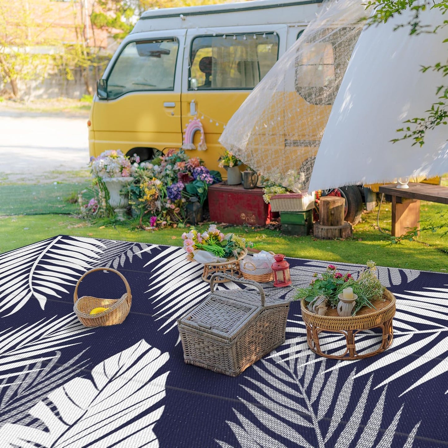 GENIMO Outdoor Rug 10' x 14' Waterproof for Patios Clearance, Reversible Outdoor Plastic Straw Camping Rug Carpet, Large Area Rugs Mats for RV, Camper, Deck, Balcony, Porch, Beach, Navy Blue&White