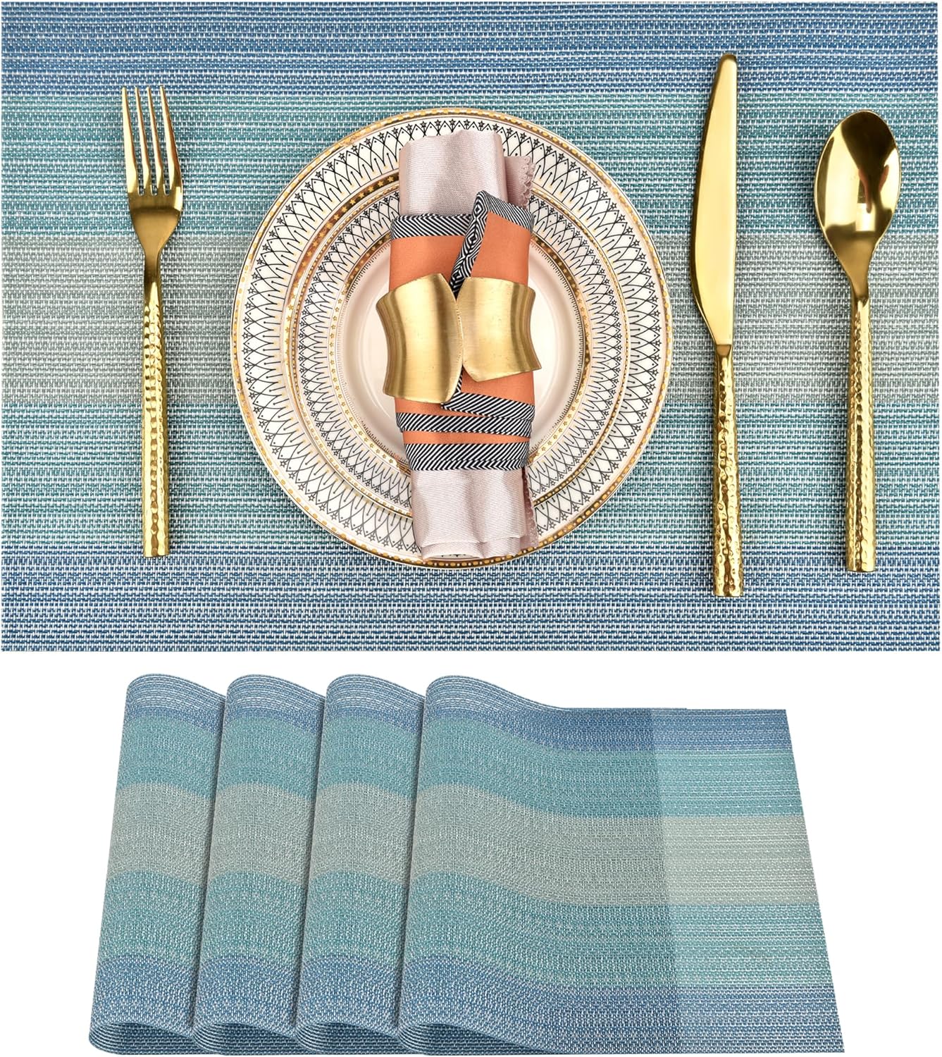 Placemats Set of 4 - Easy Clean Washable Vinyl Placemats - Wipeable Heat Resistant Table Mats for Dining Table - 17.7x11.8 Inch (4, Blue Gradient)