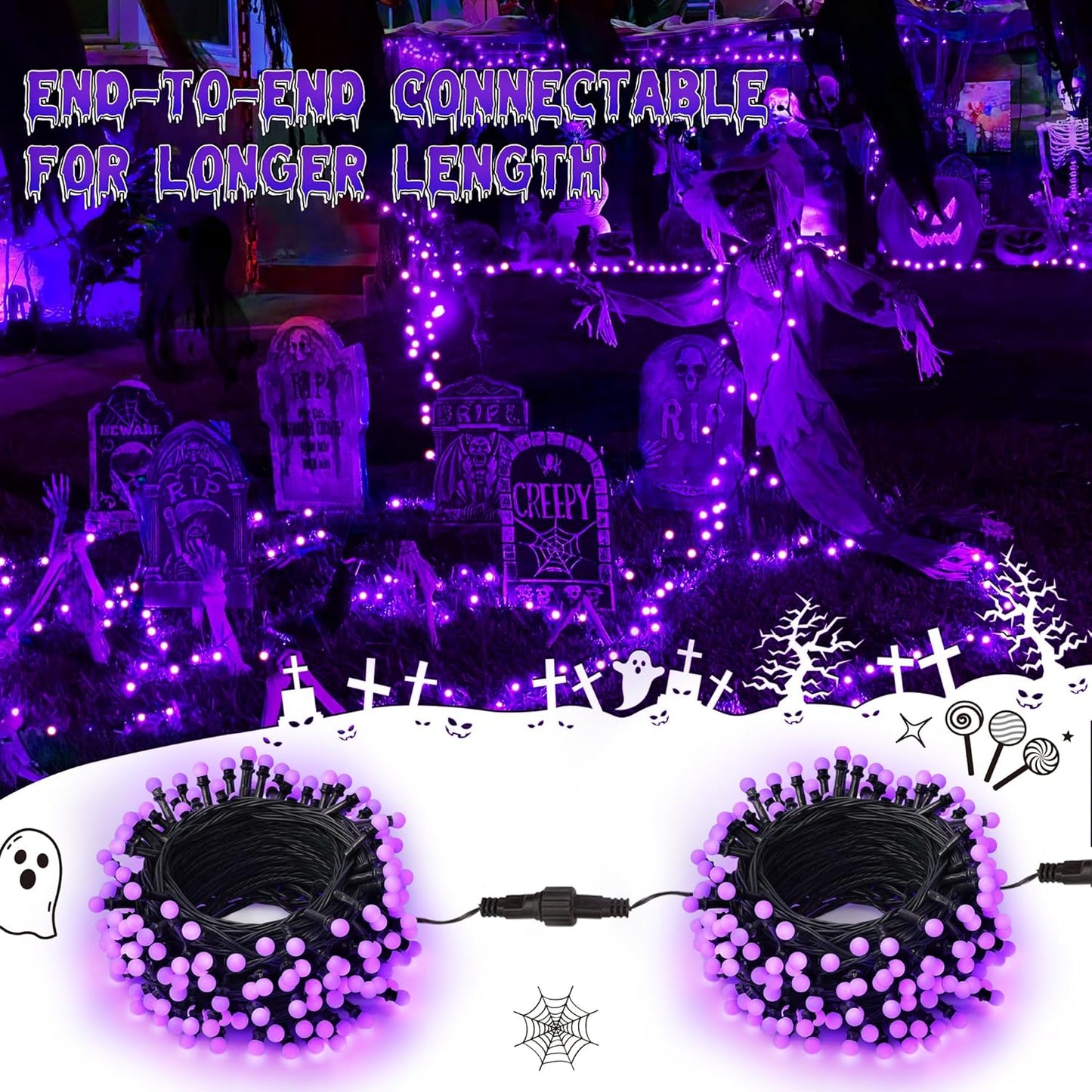 Brizled Purple Halloween Lights, 66ft 200 LED String Connectable, 8 Modes Berry Lights With Timer, Outdoor Plugin for Garden Tree Indoor Party