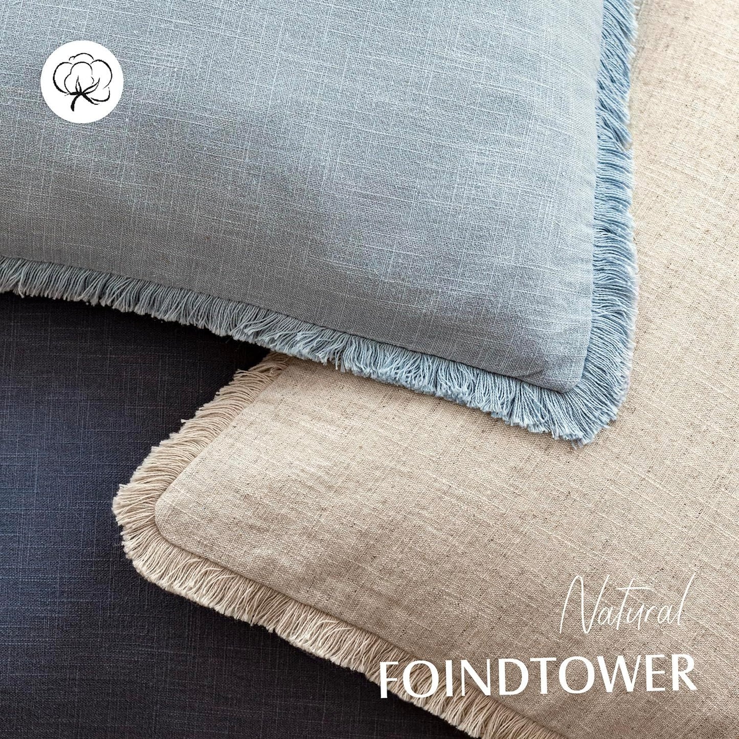 Foindtower Set of 2 Decorative Linen Fringe Throw Pillow Covers Boho Farmhouse Cushion Cover with Tassels Soft Accent Pillowcase for Couch Chair Sofa Bed Living Room Home Decor,24×24 Inch,Sky Blue