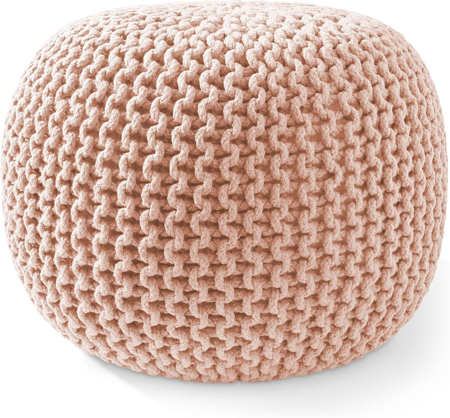 Casafield Round Pouf Ottoman, Light Pink - 20" Diameter x 14.5" High Cotton Knit Foot Stool - Boho Floor Pouffe for Living Room, Bedroom, Home Office