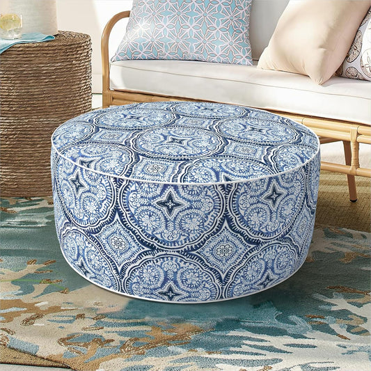 Inflatable Ottoman Stool D21 xH9 for Outdoor/Indoor Use, Water Repellent Patio Foot Rest Stool with Portable Handle,Round Pouf Ottoman Suitable for Garden,Deck and Camping - Medallion Blue