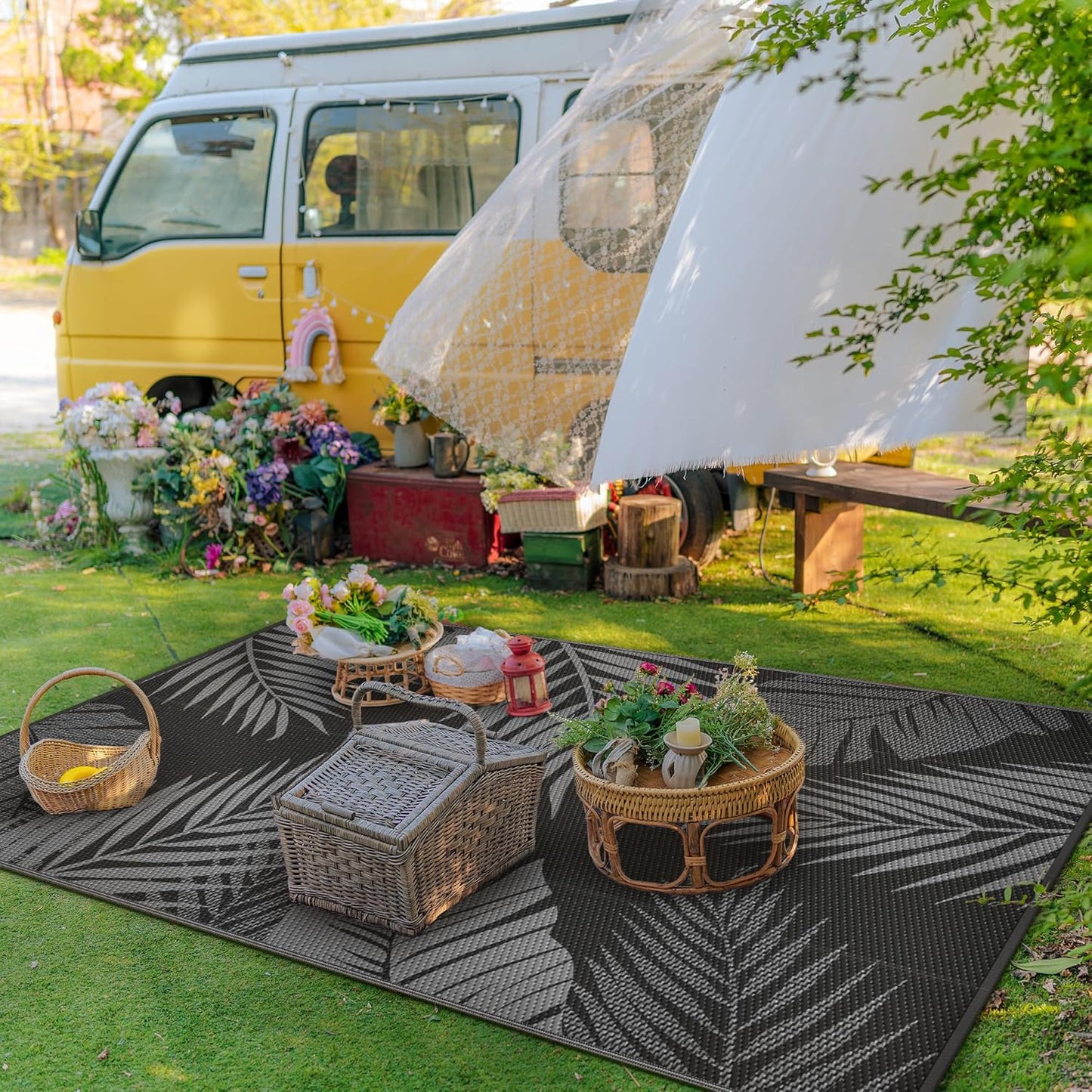 GENIMO Outdoor Rug 9' x 12' Waterproof for Patios Clearance, Reversible Outdoor Plastic Straw Camping Rug Carpet, Large Area Rugs Mats for RV, Camper, Deck, Balcony, Porch, Beach, Picnic, Black&Grey