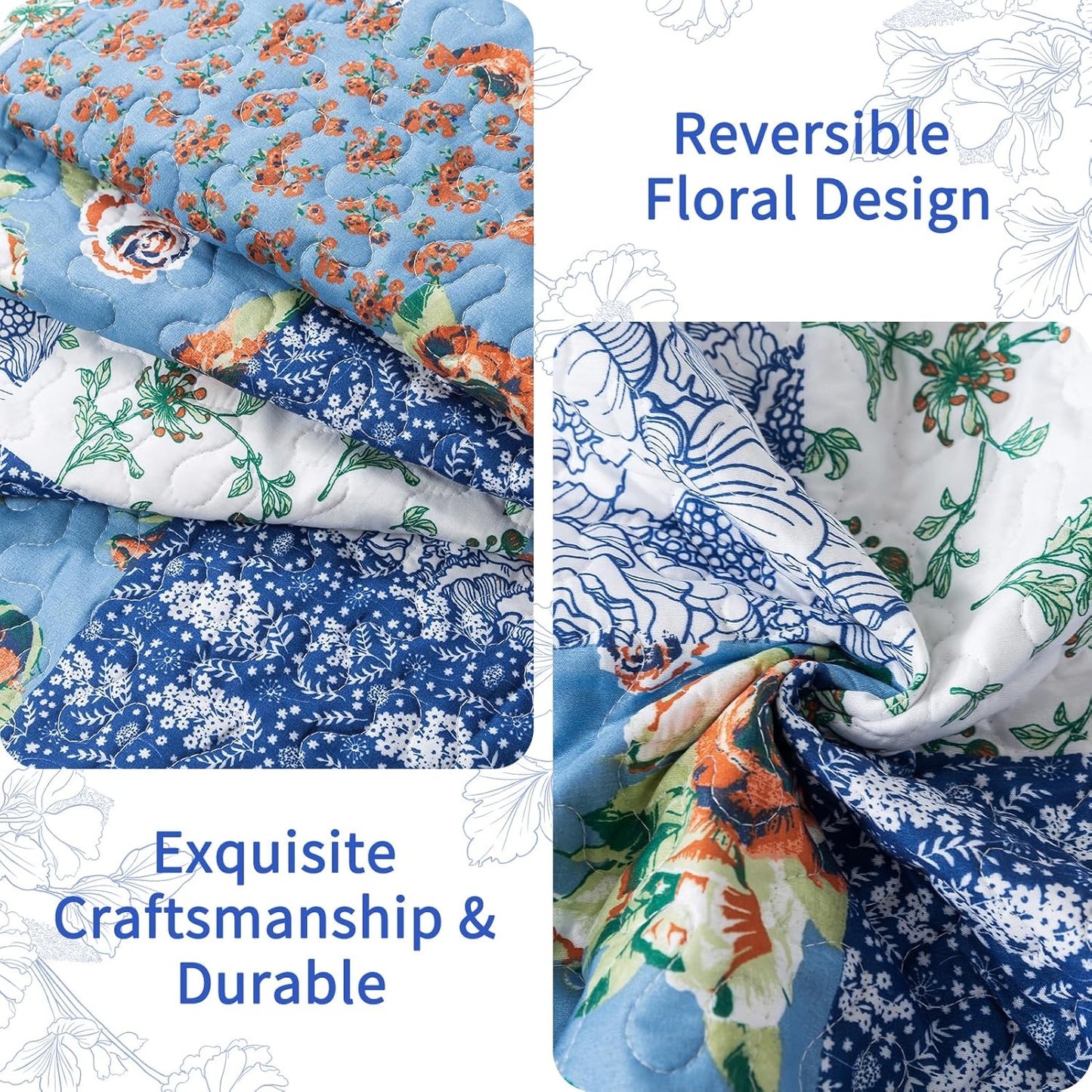 VAPUTAR Queen Size Quilt Set - Reversible Floral Queen Size Bedspreads with Wavy Edges - Lightweight Farmhouse Queen Quilt Bedding Sets for Bed Decorations, 3 Pieces