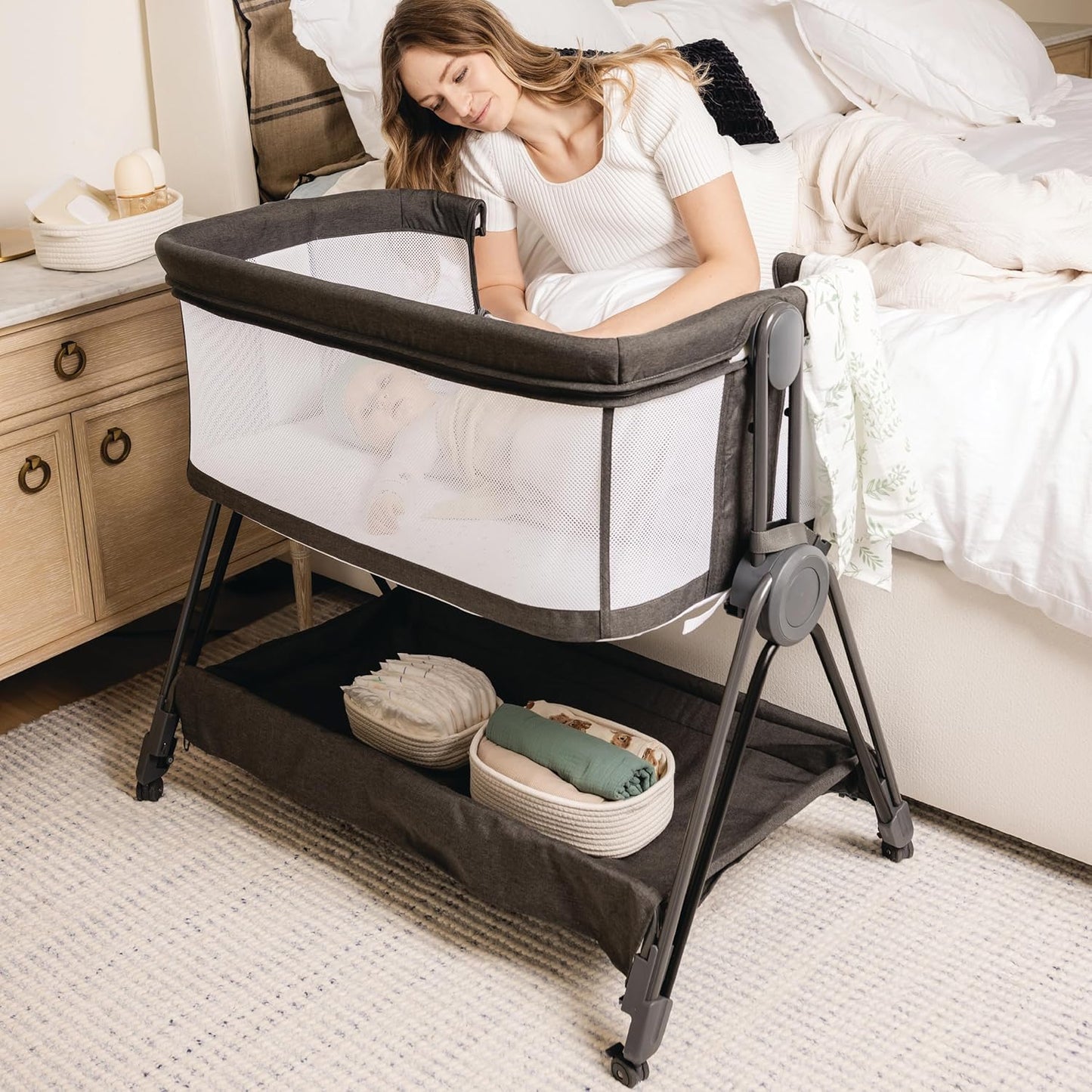 Baby Bedside Sleeper - Bassinet & Bedside Crib with Height Adjustment & Wheels - Can Be Placed Next to Bed - Attaches to Parents Bed - Easy to Fold & Carry Bassinet (Grey)