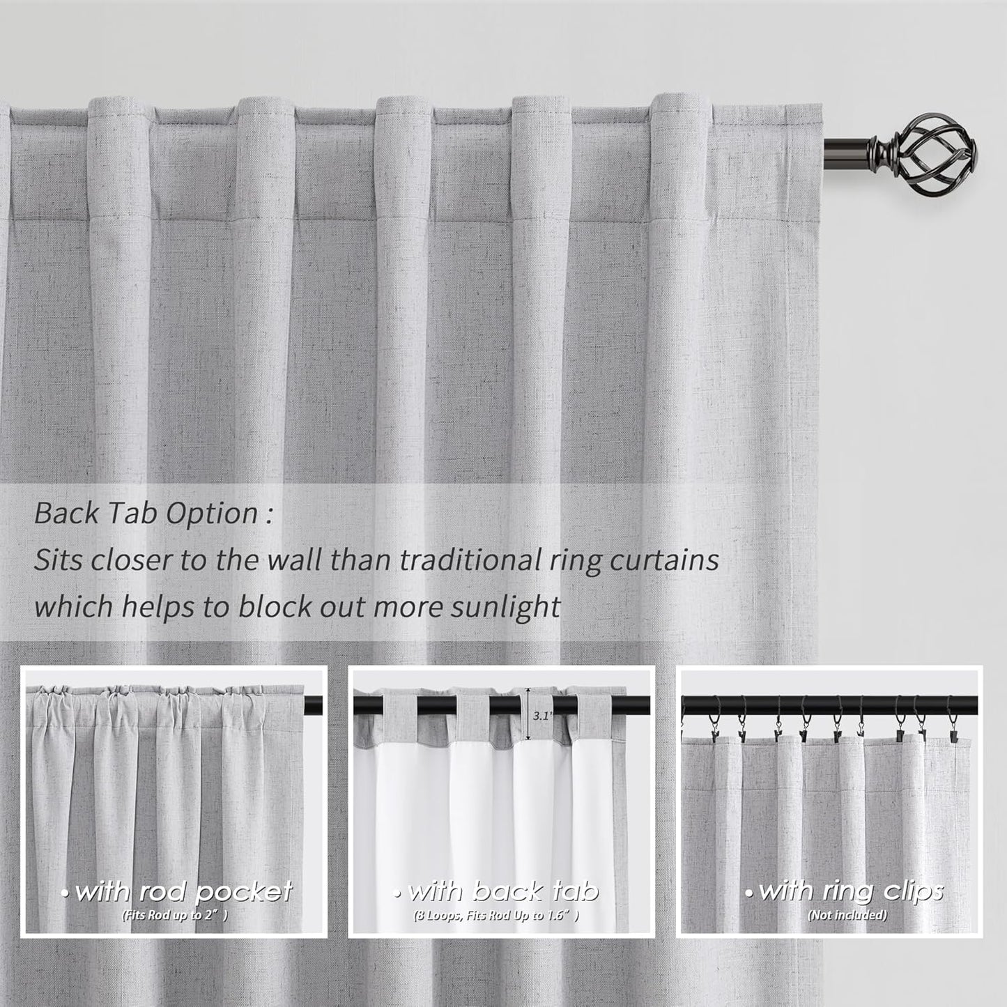 Grey Blackout Curtains Linen Room Darkening 96 Inch Long for Bedroom Living Room 2 Panels Set Back Tab 100% Black Out Curtains Light Gray Modern Linen Blended Thermal Insulated Drapes Heat Blocking