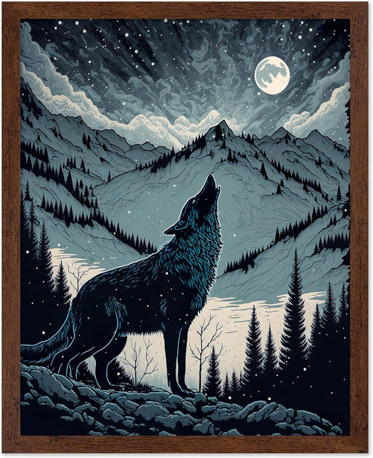 Poster Master Vintage Illustration Poster - Retro Animal Print - Gift for Artist, Friend - Wolf Howling at the Moon, Mountain, Snow, Landscape - Wall Decor for Home, Office, 16x20 Brown Framed