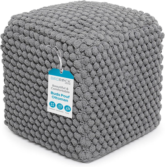 BIRDROCK HOME Buds Pouf Foot Stool Ottoman - Knit Bean Bag Floor Chair - Cotton Braided Cord - Great for The Living Room, Bedroom and Kids Room - Small Furniture (Grey - Buds)