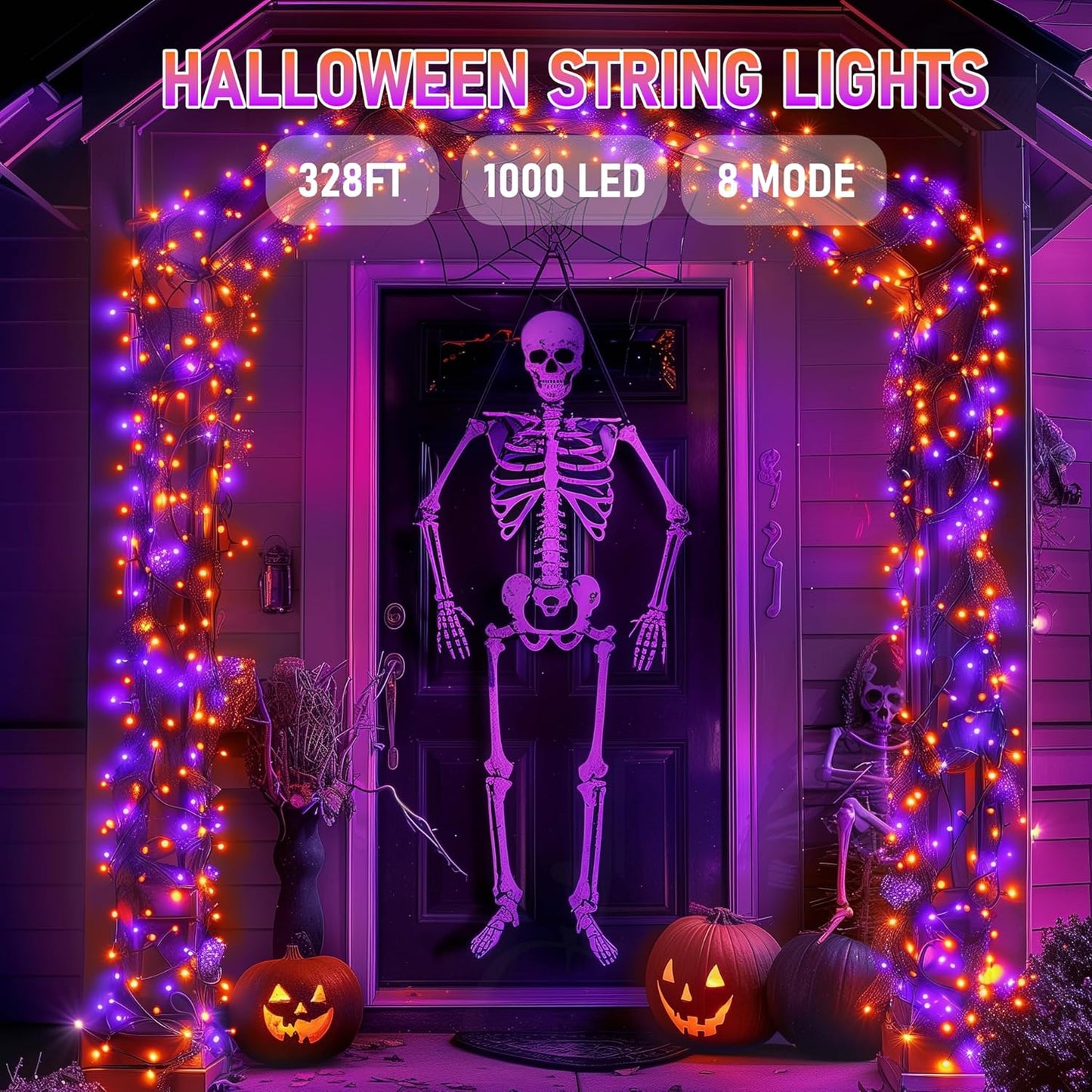 Dazzle Bright Outdoor Halloween String Lights, 1000 LED 328 FT Plug in Fairy Light with Remote Control 8 Modes & Timer, Waterproof Decoration for Home Garden Yard Wedding, Purple and Orange