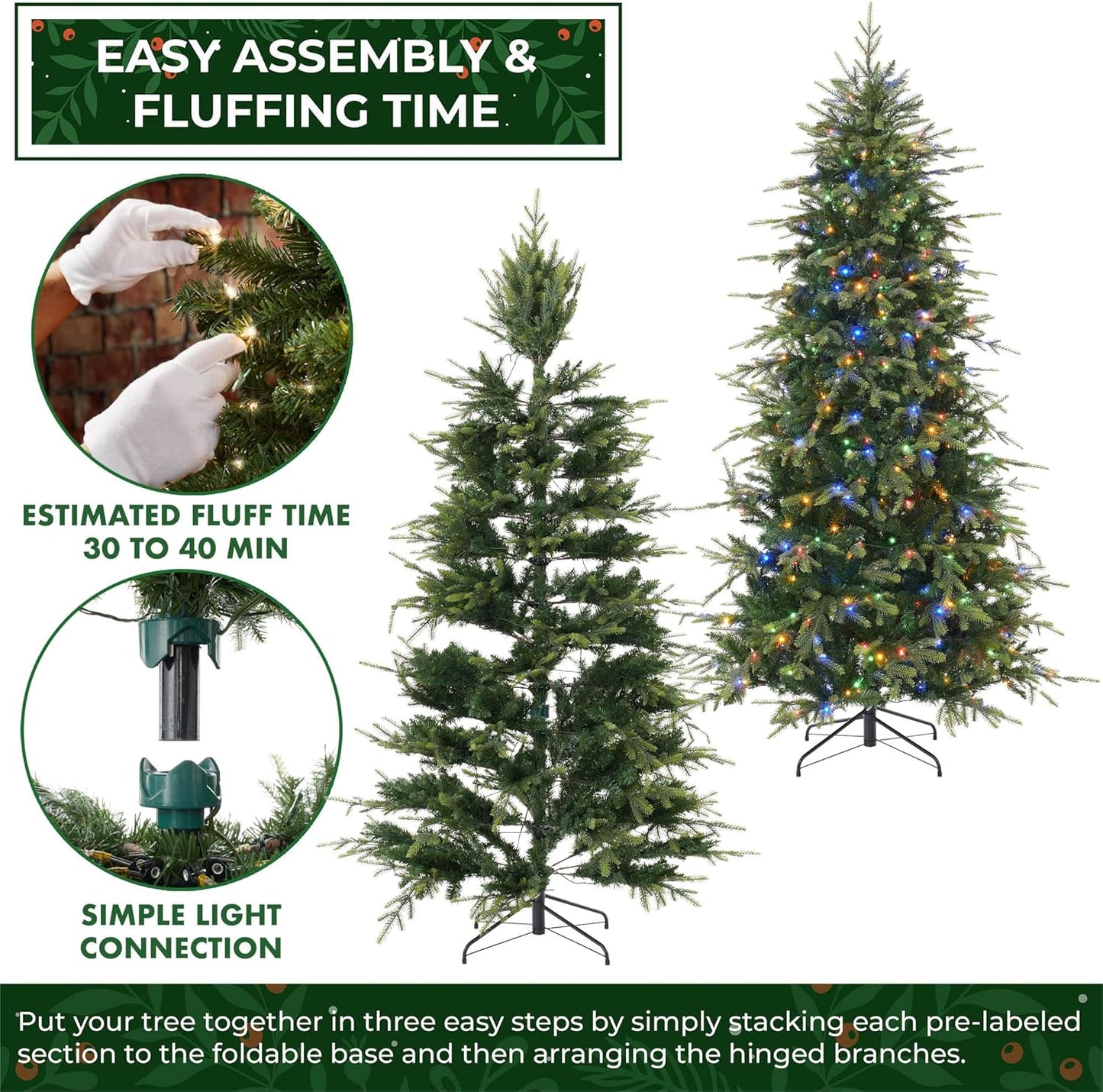 Casafield 7.5FT Pre-Lit Slim Green Aspen Fir Artificial Holiday Christmas Tree with White & Multicolored LED Lights, Realistic Noble Fir with Metal Stand