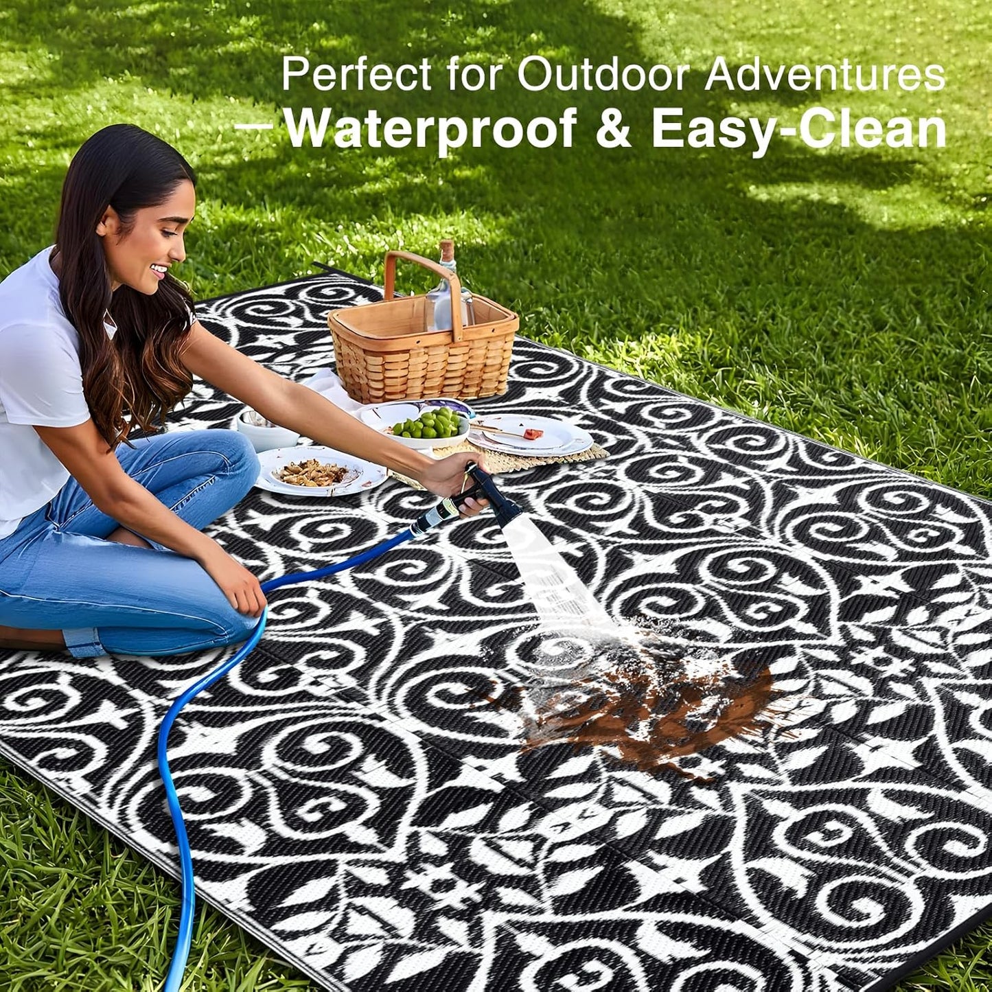 OLANLY Outdoor Rug Waterproof 6x9 ft Clearance, Reversible Outdoor Plastic Straw Rug with Floral Pattern, RV Mat for Patio, Camping, Balcony, Deck, Backyard, Black & White