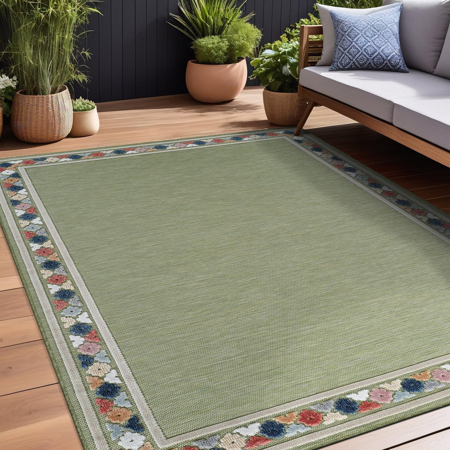 Beverly Rug Outdoor Rug 8x10 Modern Bordered Area Rugs for Indoor and Outdoor Patio Easy to Clean Non Shedding Living Room Porch Garden Washable Outside Carpet (8 x 10 Green)