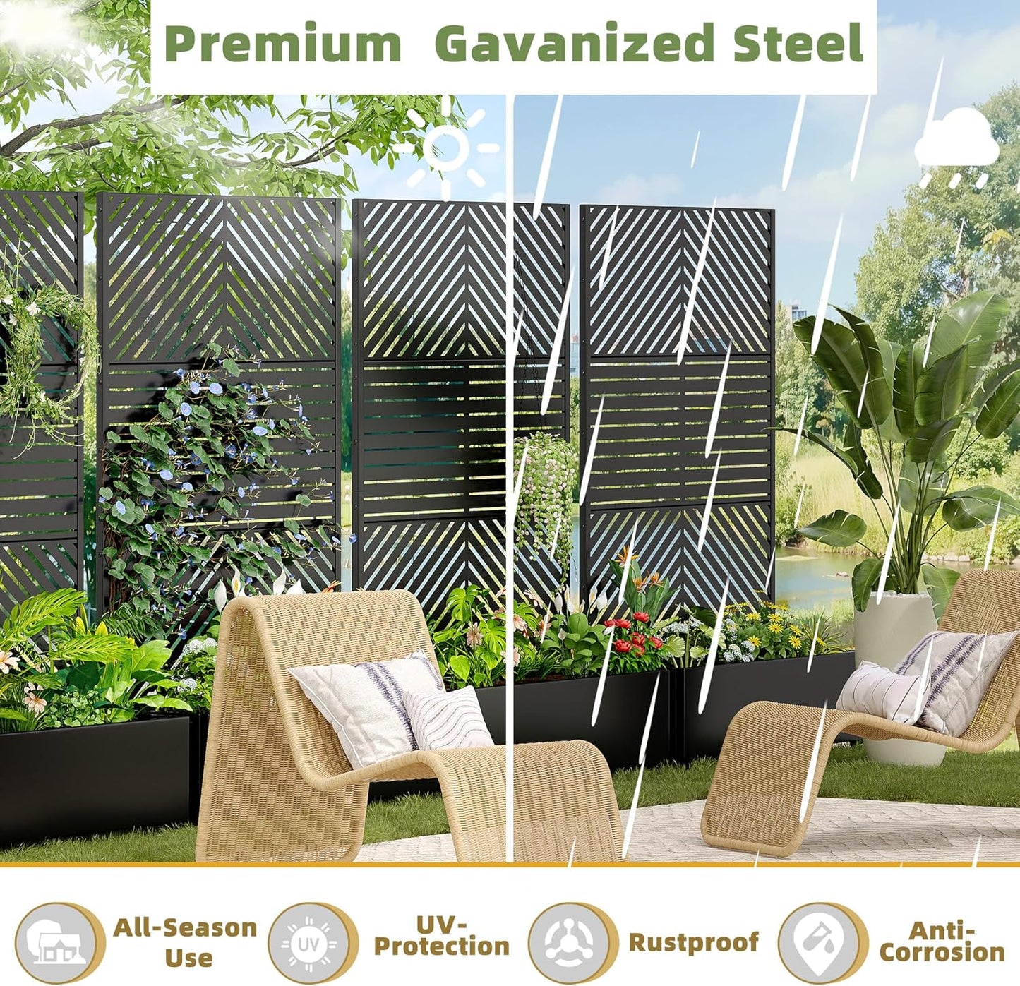 Casaphoria Metal Raised Garden Bed with Trellis and Wheels, 72"x47"x16" Planter Box for Climbing Plants, Vegetables & Vines, Features Drainage Holes and Privacy Screen, Black(Parallel&Louvered)