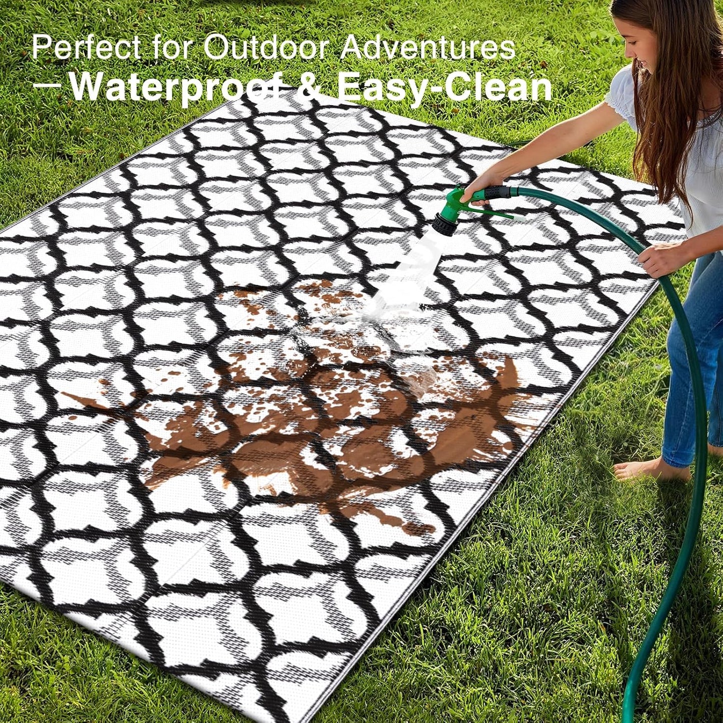 OLANLY Reversible Outdoor Rug 5x8 ft Clearance, Waterproof Outdoor Plastic Straw Rug with Interlacing Pattern, RV Mat for Patio, Camping, Balcony, Deck, Backyard, Black & White