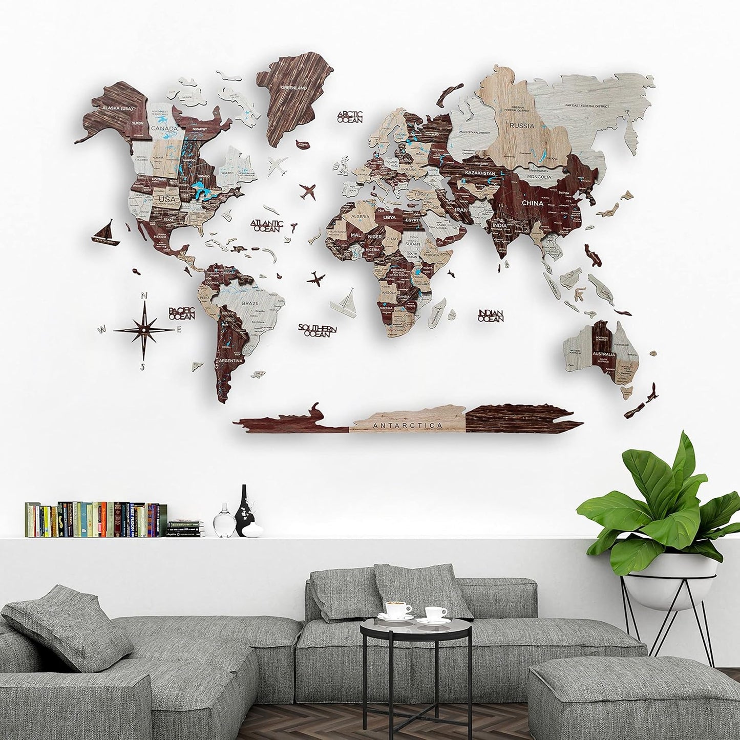 Handmade 3D Wood World Map Wall Art Large Wall Decor Track Your World Travels - Special For Home, Kitchen And Office (Medium, Cappuccino)