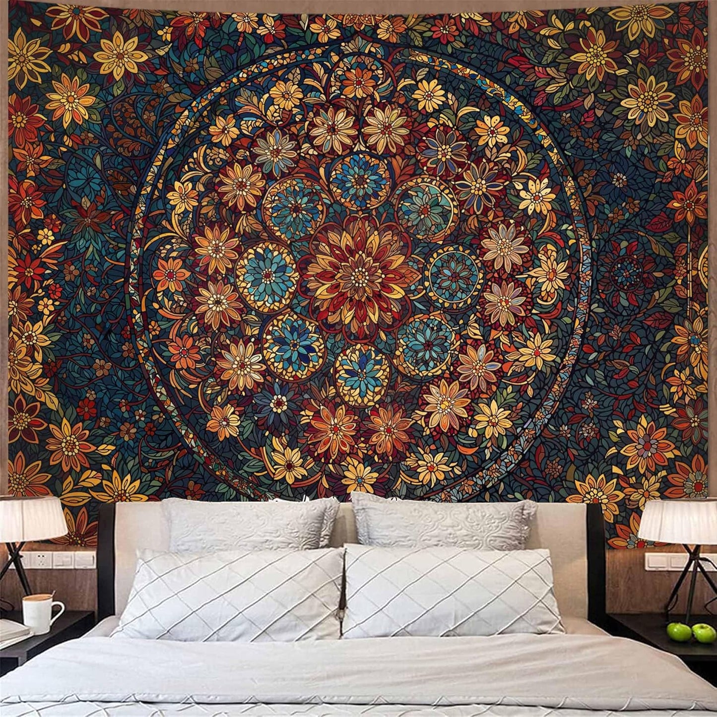 Fowocu Boho Floral Mandala Tapestry Wall Hanging Vintage Bohemian Flower Medallion Tapestry Aesthetic Orange Stained Glass Hippie Extra Large Tapestries for Bedroom Living Room Dorm Decor 90 x 68 Inch